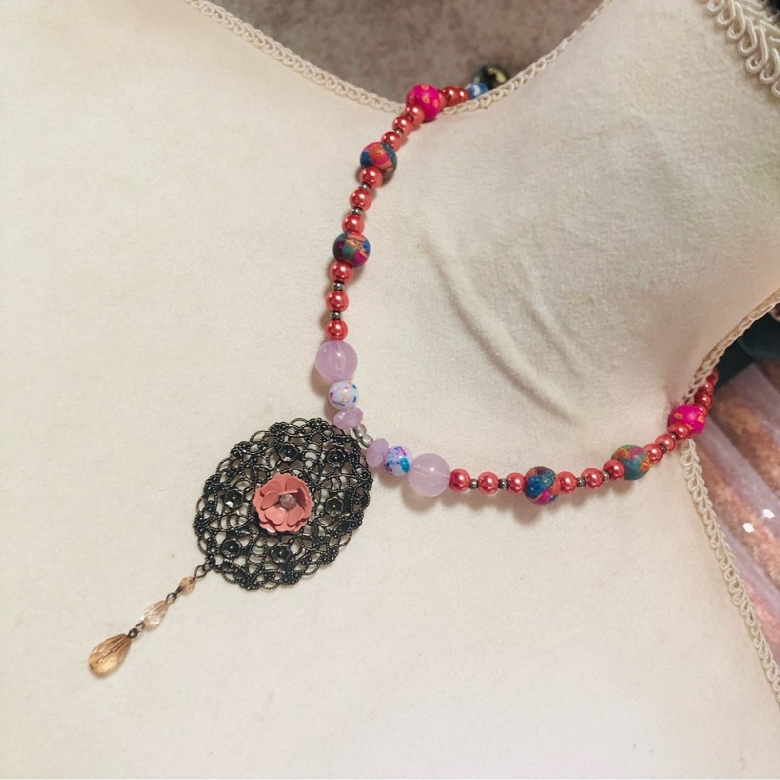 Handmade Handcrafted repurpose rose Czech glass Pearl necklace Size ONE SIZE - 1 Thumbnail