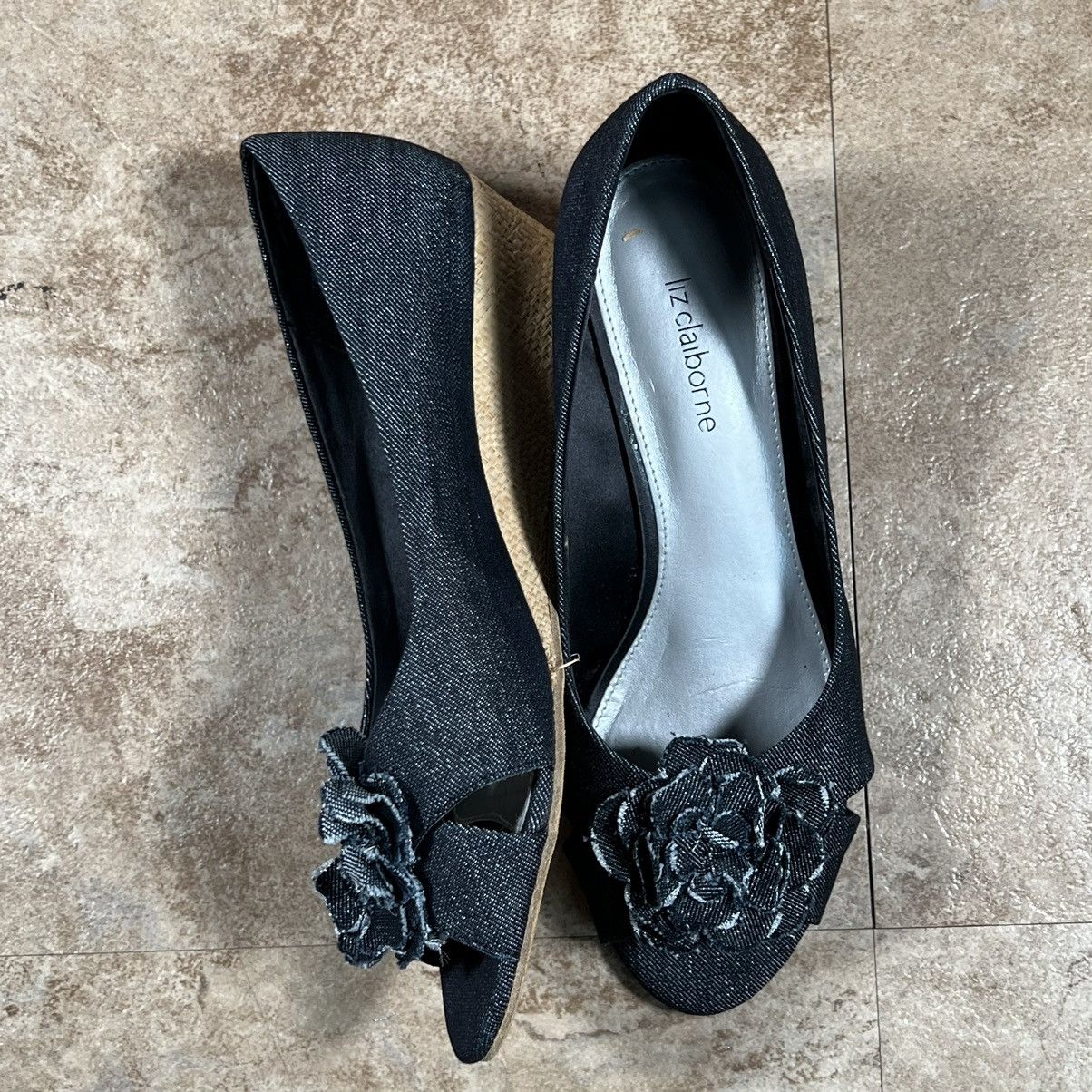 Other Liz Claiborne Denim Blue Wedges Flower Peep Toe Casual Heel Size US 8 / IT 38 - 3 Thumbnail