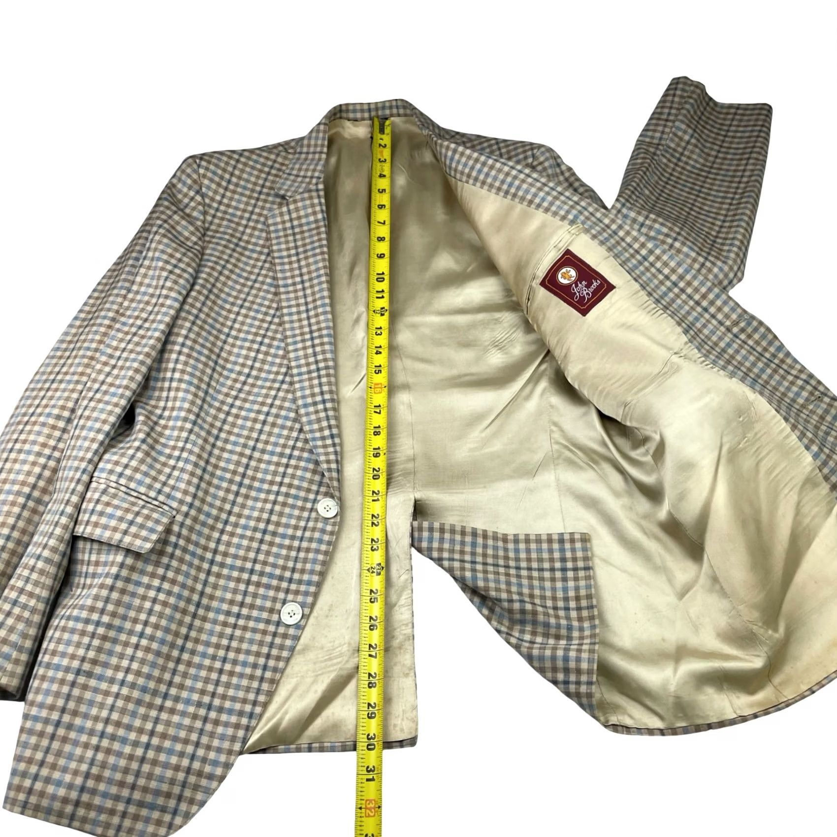 Brooks VINTAGE John Brooks Blazer Mens Beige/Blue/Brown Plaid 42S Two-Button Size 42R - 6 Thumbnail