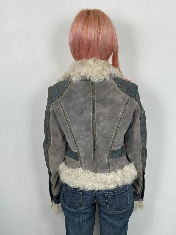 Just Cavalli AW2005 Cavalli Mongolian Fur Grey Leather & Blue Denim Jacket Size M / US 6-8 / IT 42-44 - 4 Thumbnail