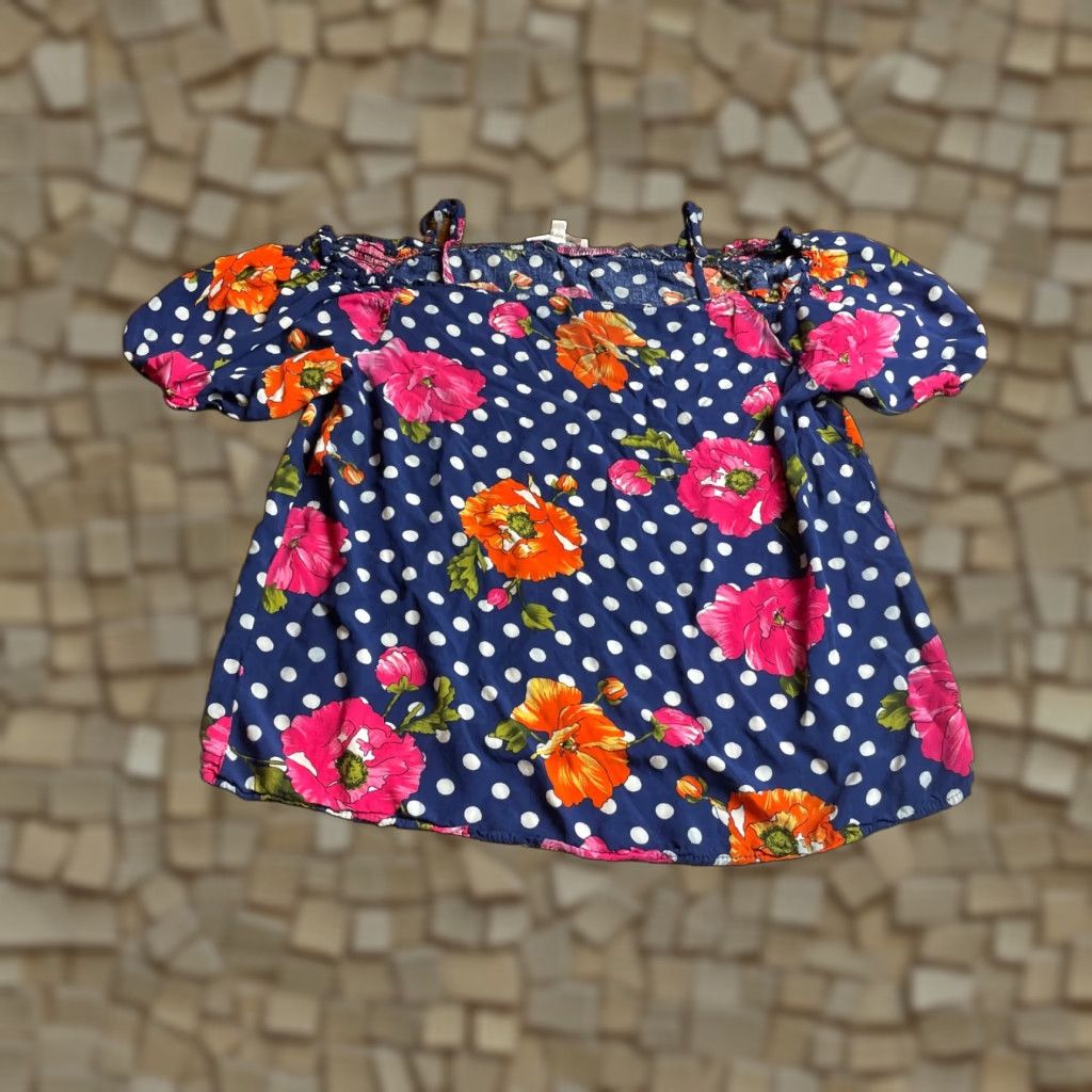 Paradise Paradis Miss Blouse Size L Blue Polka Dots Floral Puff Sleeve Strap Cropped Ladies Size L / US 10 / IT 46 - 1 Thumbnail