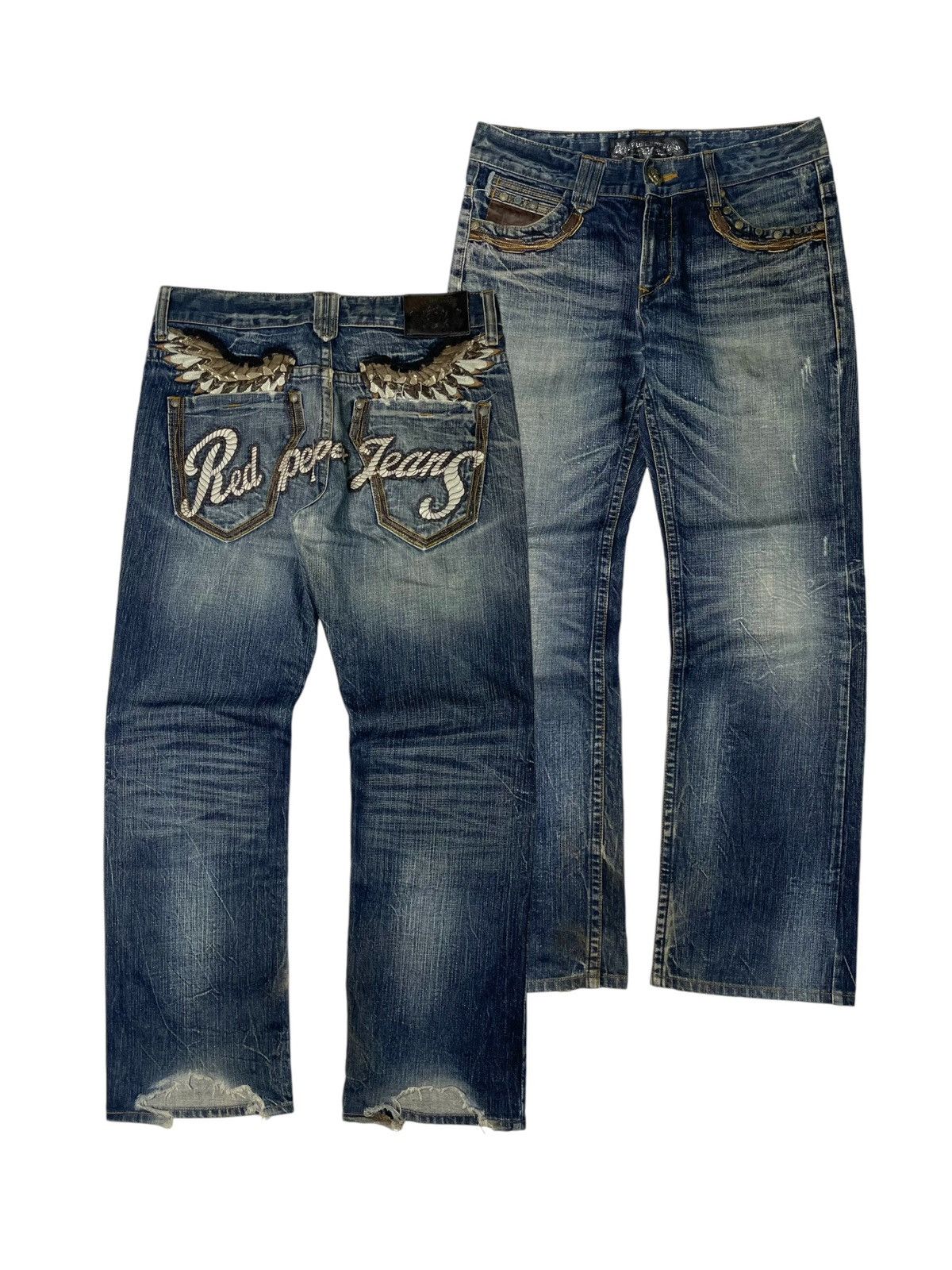 If Six Was Nine Red Pepper Studded Angle Wings Distressed Jeans Size US 32 / EU 48 - 1 Thumbnail