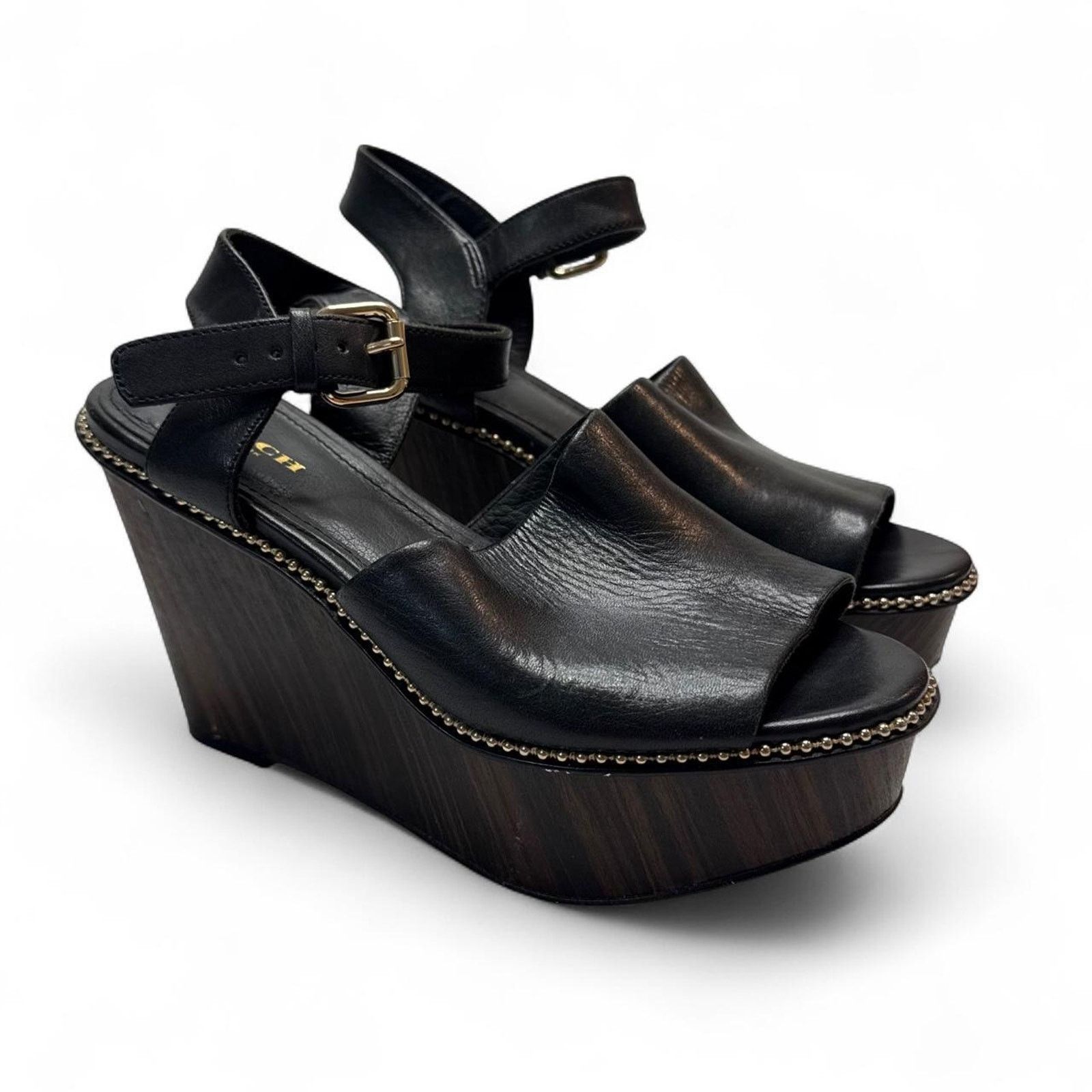 Coach Black Leather Platform Wedge Sandals Studded Gold, Women's (Size 6)