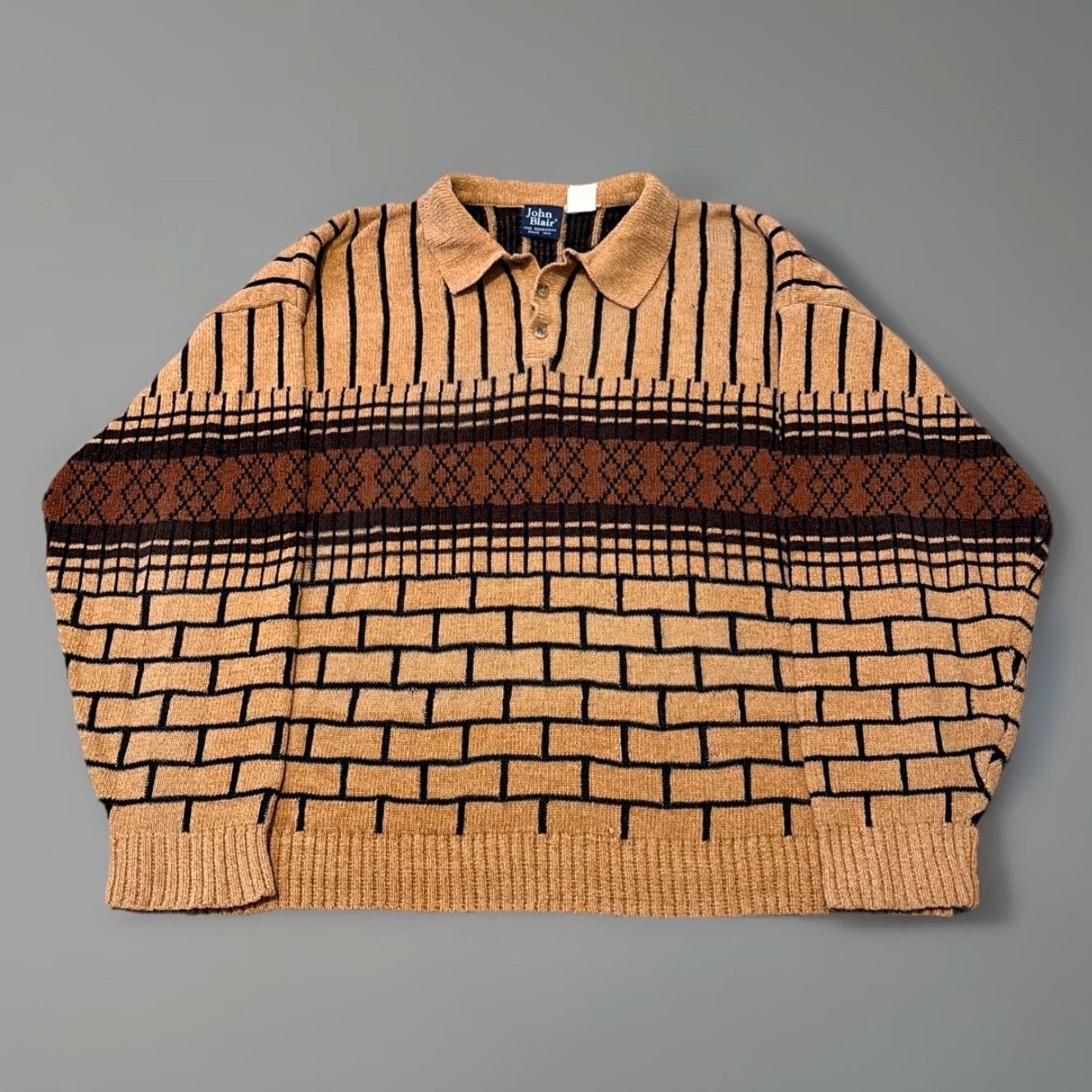 Blair VINTAGE 80s John Blair Brown Multi Pattern Cotton Knit Long Sleeve Polo XL Mens Sweater Size US XL / EU 56 / 4 - 2 Thumbnail