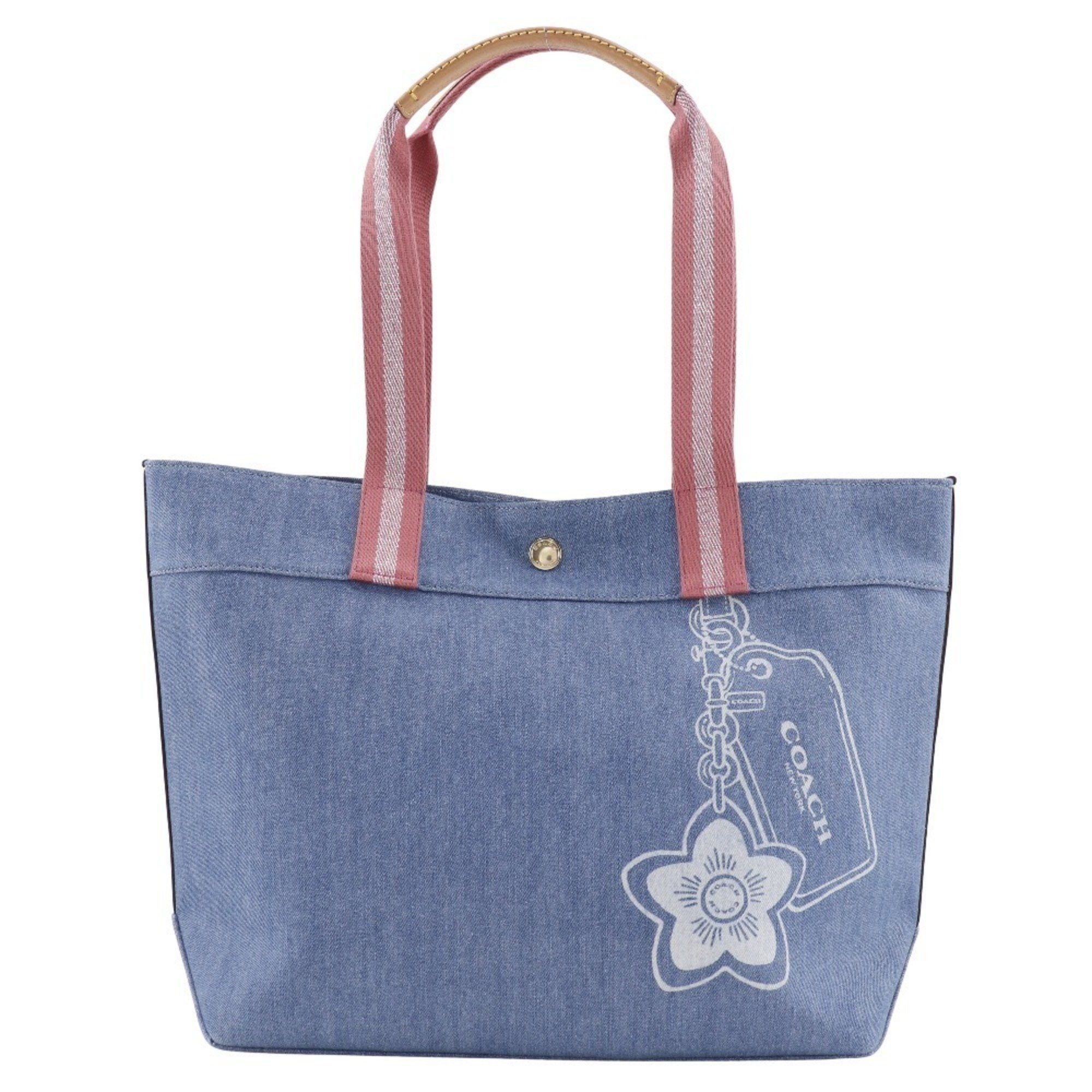 Coach Charm Print Tote Bag Denim Blue Snap Button Women's