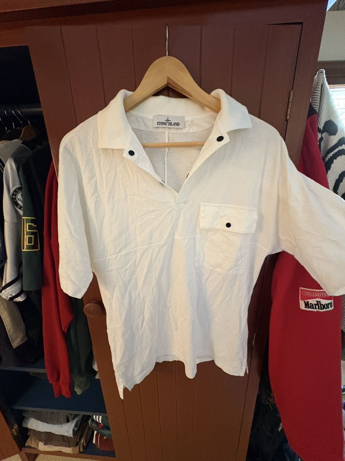 Porter × Stone Island Stone Island White Collared Tee Small – Big Logo Shirt Rare Size US S / EU 44-46 / 1 - 2 Thumbnail