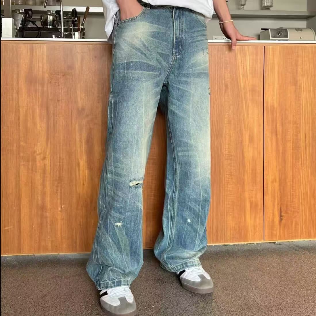 Japanese Brand × Jean Blue washed distressed straight-leg men's ripped jeans Size US 32 / EU 48 - 1 Thumbnail