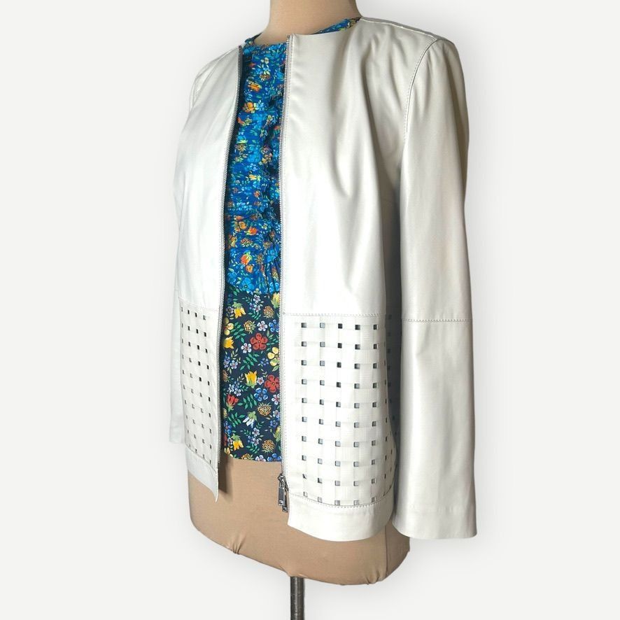 Lafayette 148 Lafayette 148 Leather Jacket Cream XS Lattice Laser Cut ...