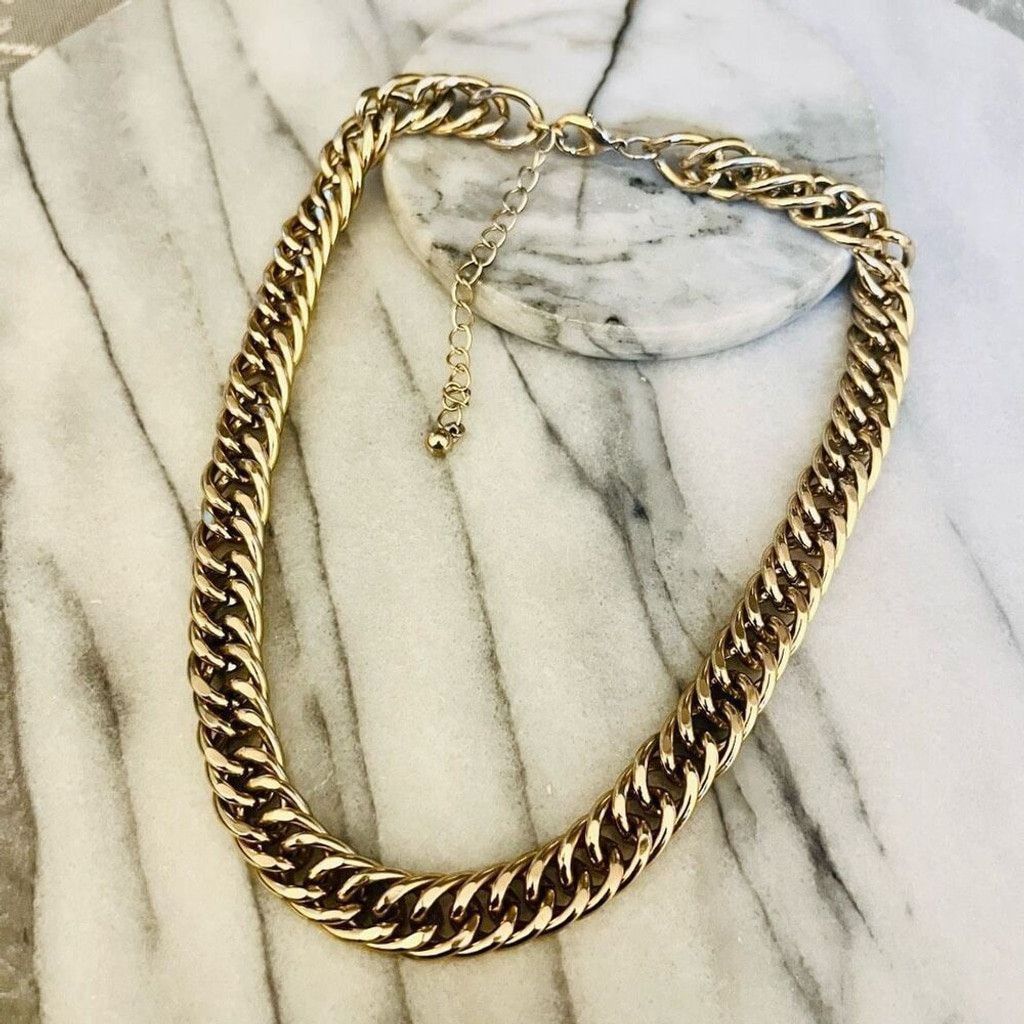 Jewelry Chunky Chain Link Necklace Gold Toned Metal Wide Size ONE SIZE - 1 Thumbnail