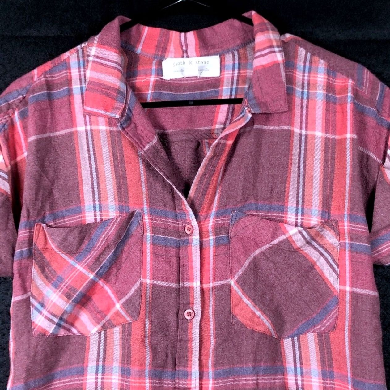 CLOT Cloth & Stone Womens Shirt Multicolor Plaid Short Sleeve Button Down V Neck S Mens Girls Boys Size S / US 4 / IT 40 - 2 Thumbnail