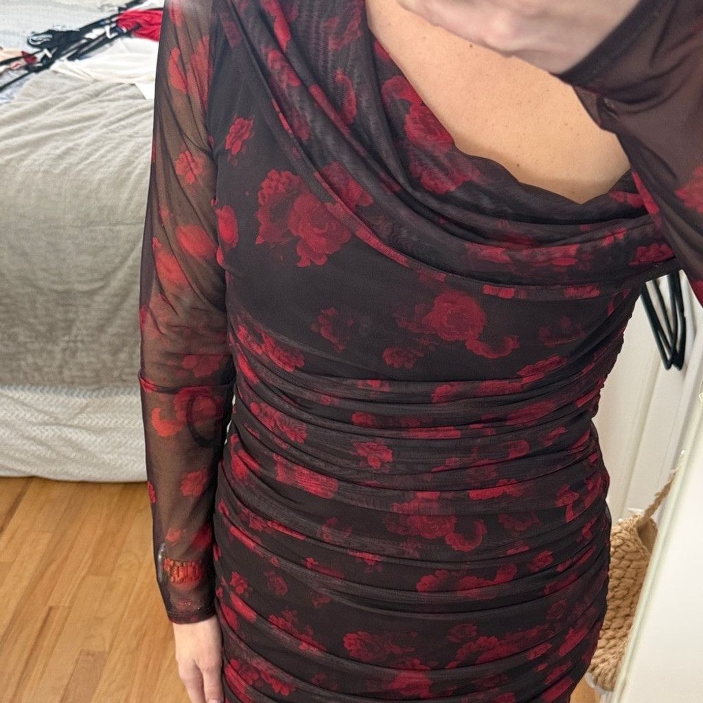 Abercrombie & Fitch One-Shoulder Red and Black Floral Dress Size L / US 10 / IT 46 - 2 Thumbnail
