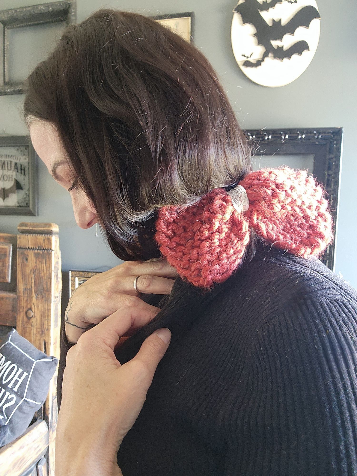 Other Knit Hair Bow, Handknitted Rust Orange Ponytail Holder or Ha Size ONE SIZE - 3 Thumbnail