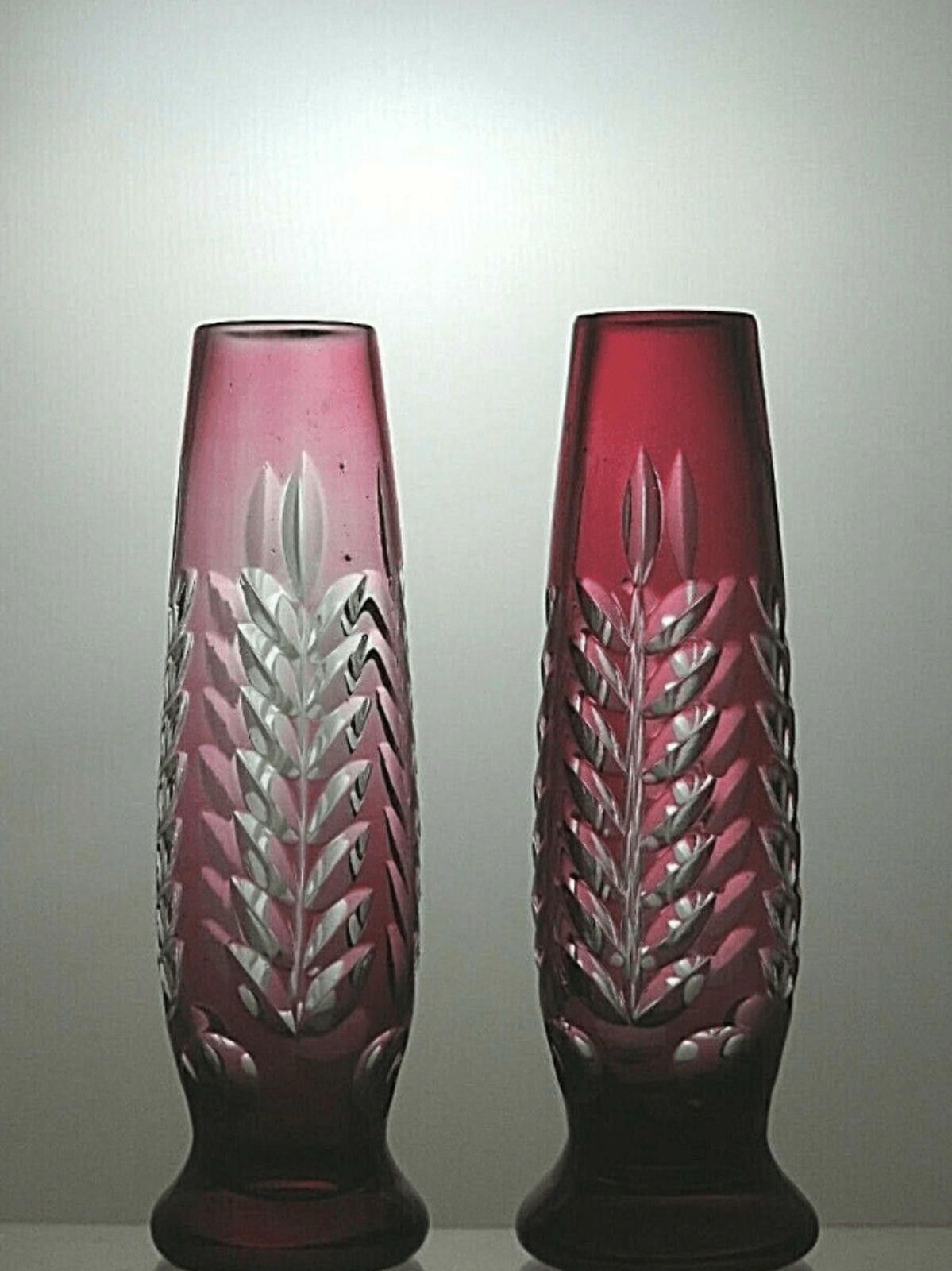 The Unbranded Brand Cut Glass Ruby Red Crystal Set Of 2 Vases 7" Size ONE SIZE - 1 Thumbnail