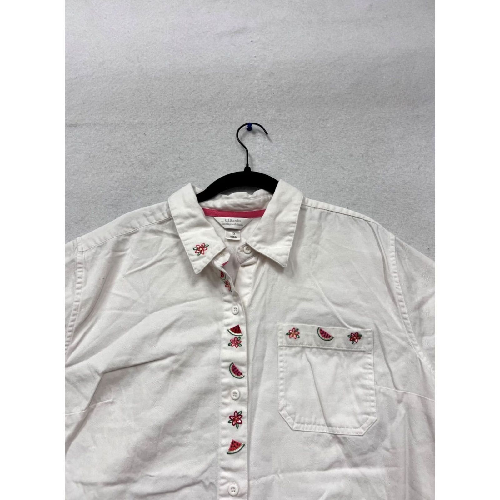 Vintage C.J. Banks Embroidered Watermelon & Daisy Button-Up Shirt 1X Womens Pink Trim Cotton White Vintage: No Size XL / US 12-14 / IT 48-50 - 6 Thumbnail