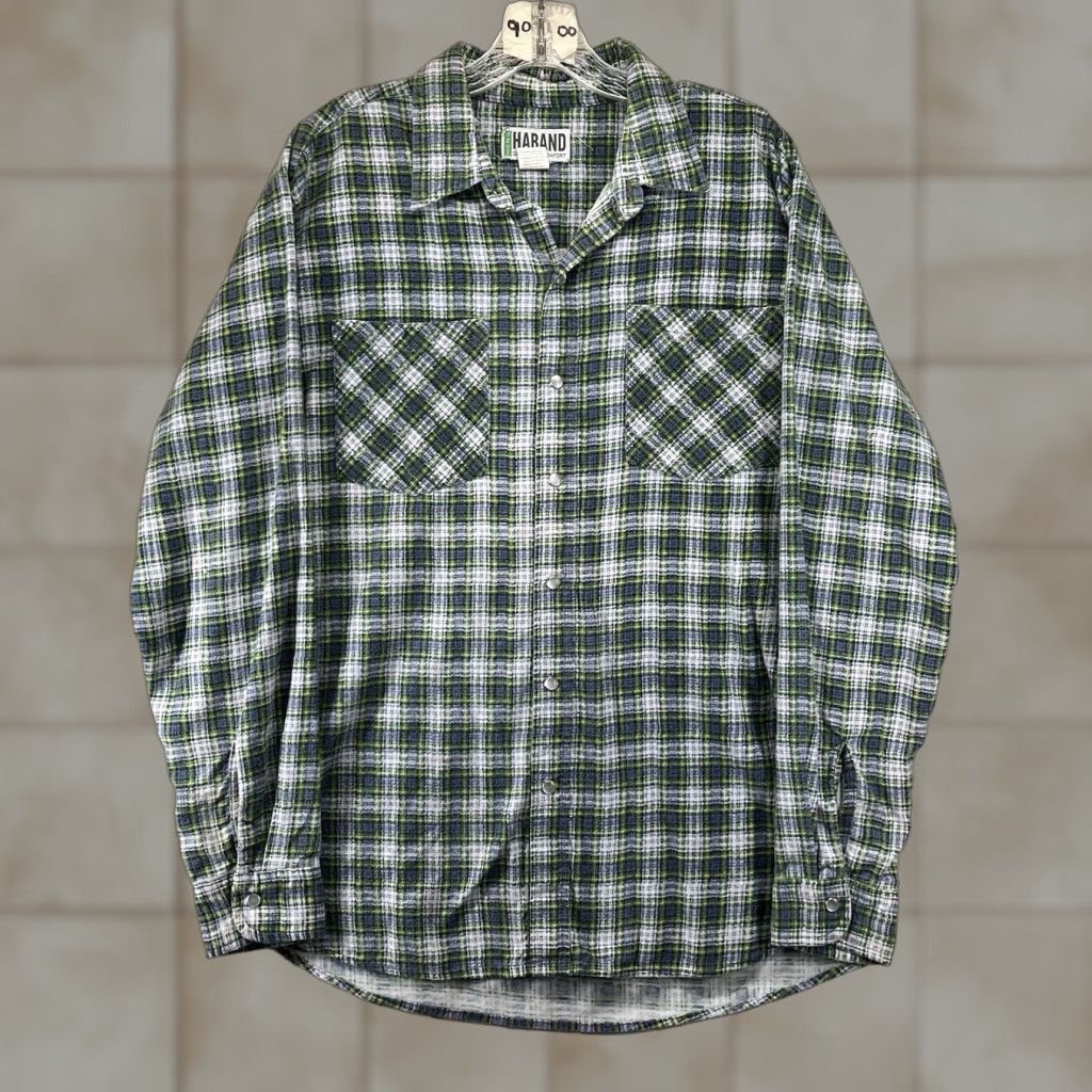VINTAGE Haband Men's Pearl Snap Flannel Shirt Medium Green Plaid Casual Outdoor Grunge 90s