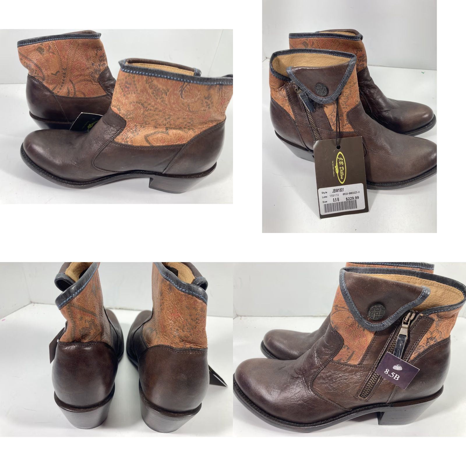 Vintage J.B. Dillon Ankle Boots Women Size 8.5 B Brown Leather Side Zip 2 Inch Heel NWT Size US 9 / IT 39 - 9 Thumbnail
