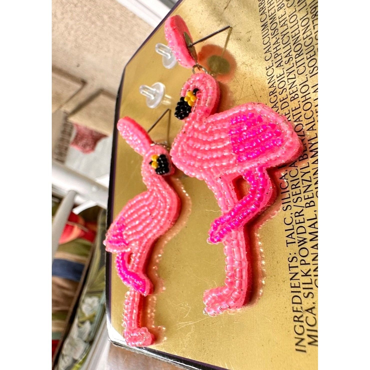Handmade Flamingo Earrings Beaded Dangle Posts Pink Statement Jewelry Size ONE SIZE - 9 Thumbnail