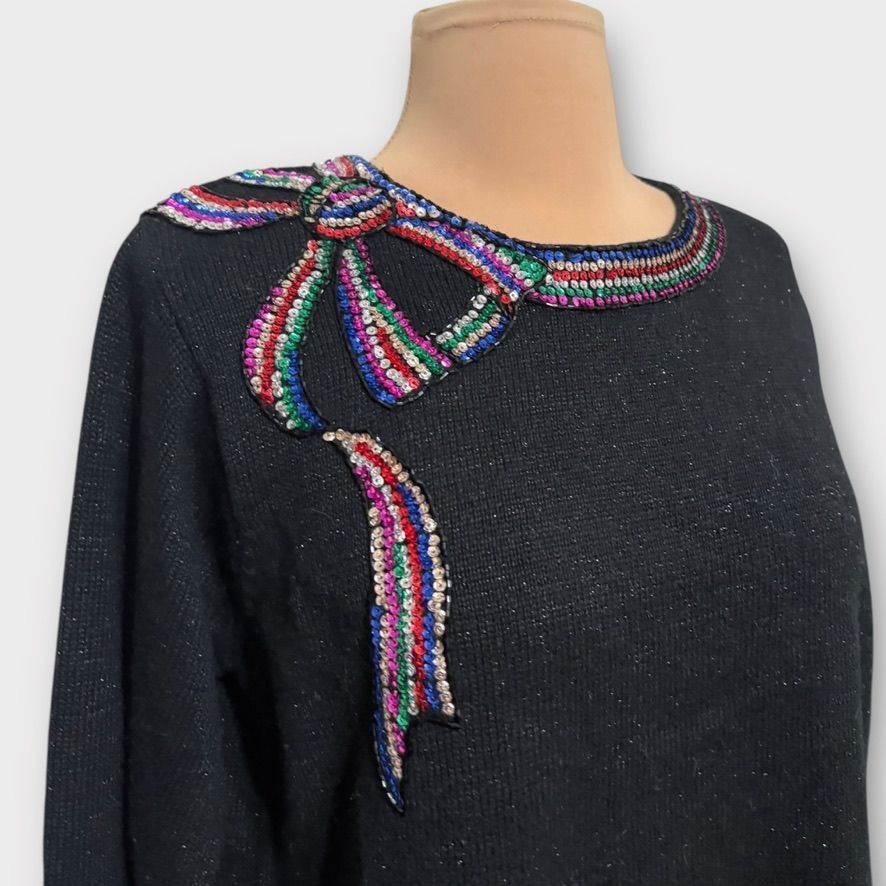 Other Vintage Sequin Bow Sweater M 80s Retro Knit Black Multi Holi Size M / US 6-8 / IT 42-44 - 3 Thumbnail