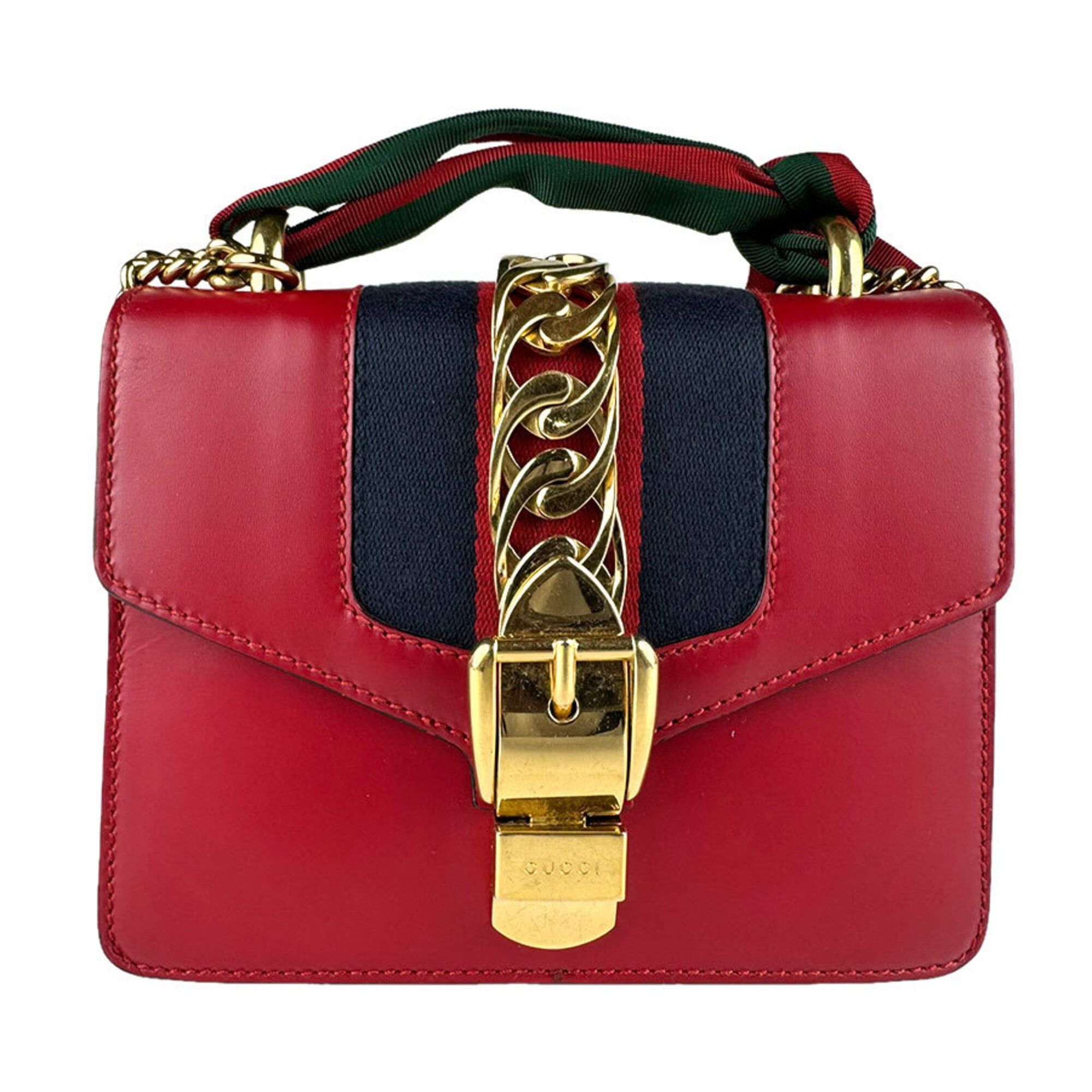 Gucci Gucci Sylvie Shoulder Bag, Leather, Red/Navy, Women's, 431666, Free Shipping, z9146 Size ONE SIZE - 1 Thumbnail