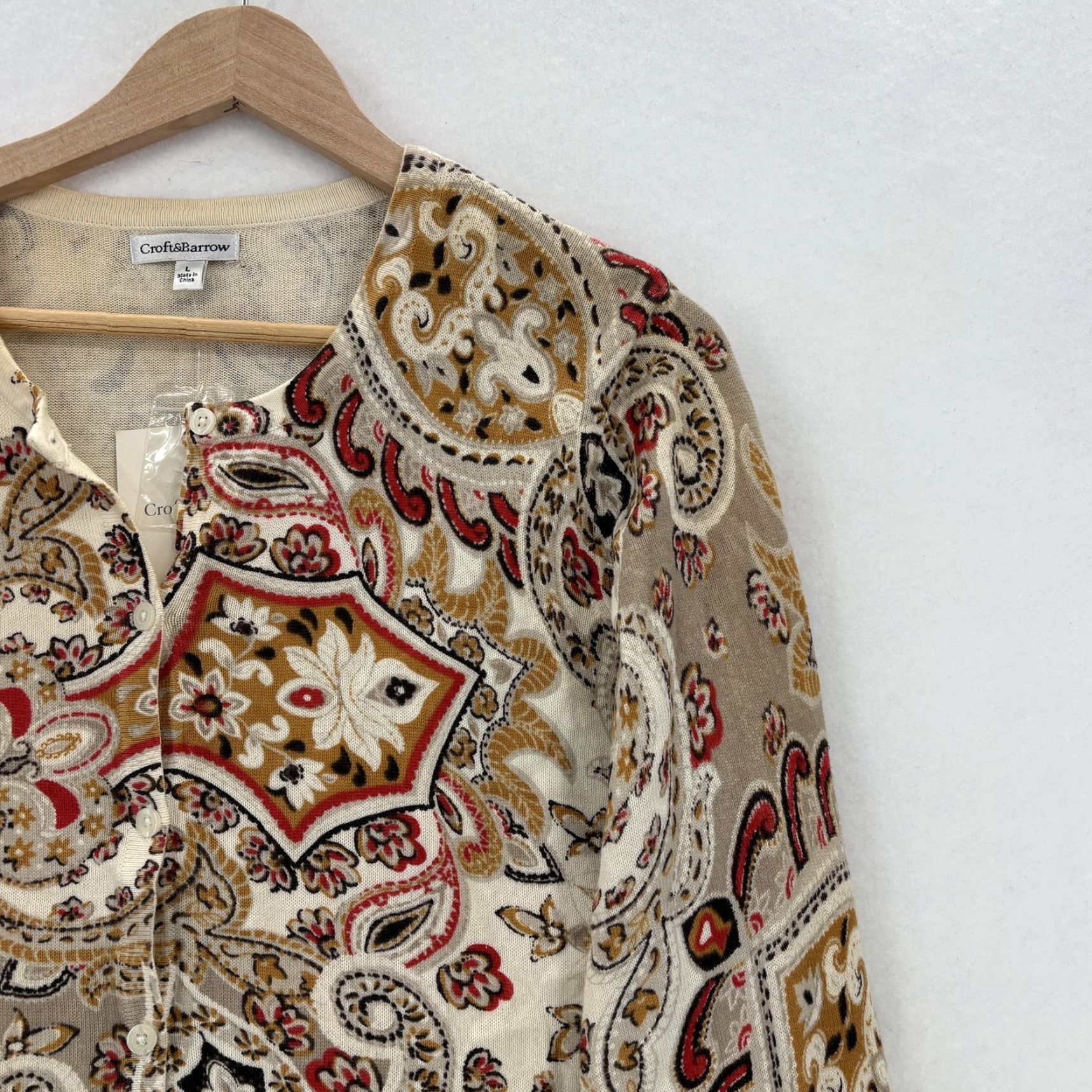 Croft & Barrow Croft & Barrow Cardigan Sweater Womens Large Multicolor Paisley 100% Cotton Boho Knit Slim Crew Neck Long Sleeve Casual Size L / US 10 / IT 46 - 2 Thumbnail