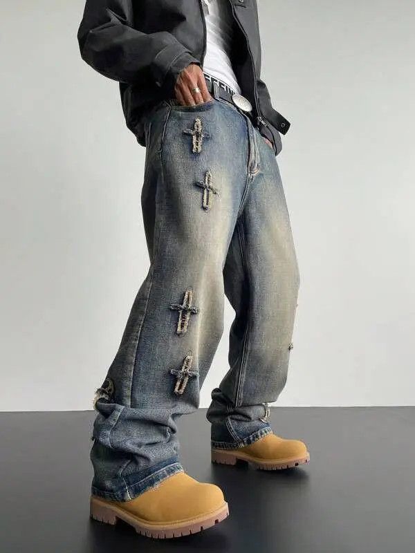VIBE Cross Embroidery Baggy Wide Leg Jeans Size US 30 / EU 46 - 2 Thumbnail