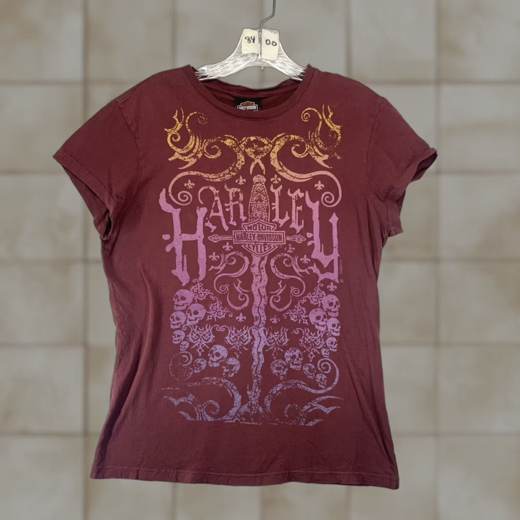 Harley Davidson Harley-Davidson Women's T-Shirt Large Casual Graphic Skull Sword Rusty Red Cotton Basic Summer Fall Spring Winter Size L / US 10 / IT 46 - 1 Thumbnail