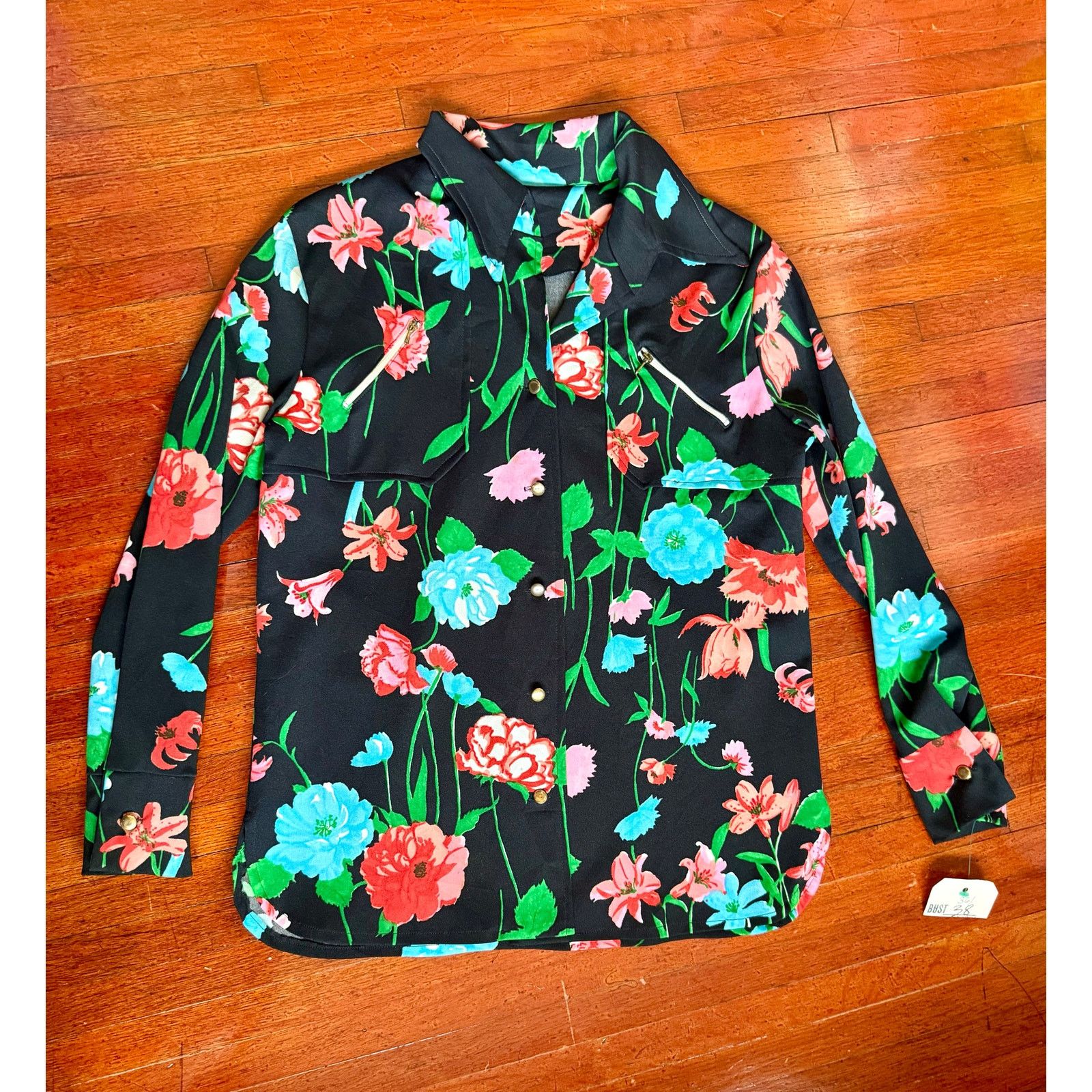 Vintage 70'vs Black Blue floral dagger collar button down blouse Med Size M / US 6-8 / IT 42-44 - 1 Thumbnail