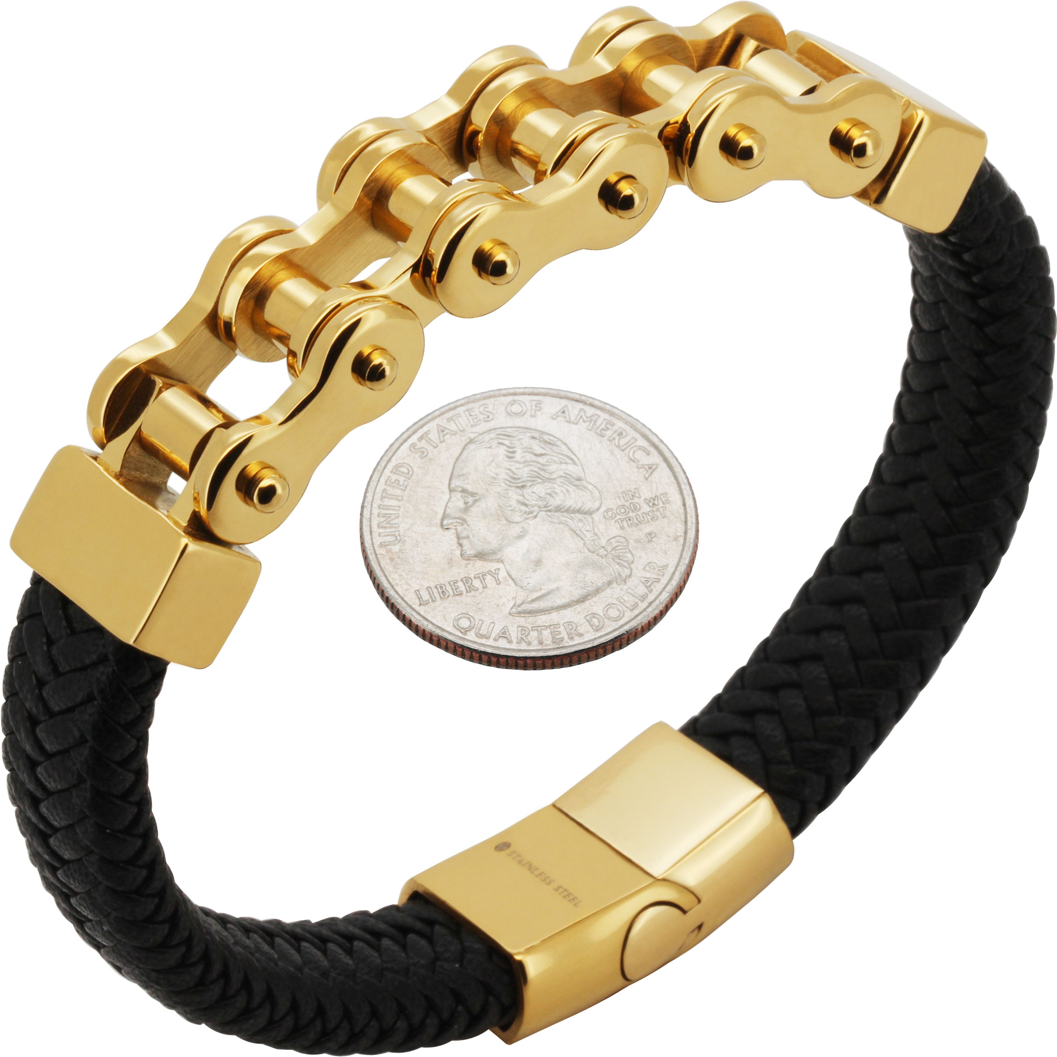 Other 316L Stainless Steel 18k GP 16mm Bike Leather Bracelet 8.5" Size ONE SIZE - 1 Preview