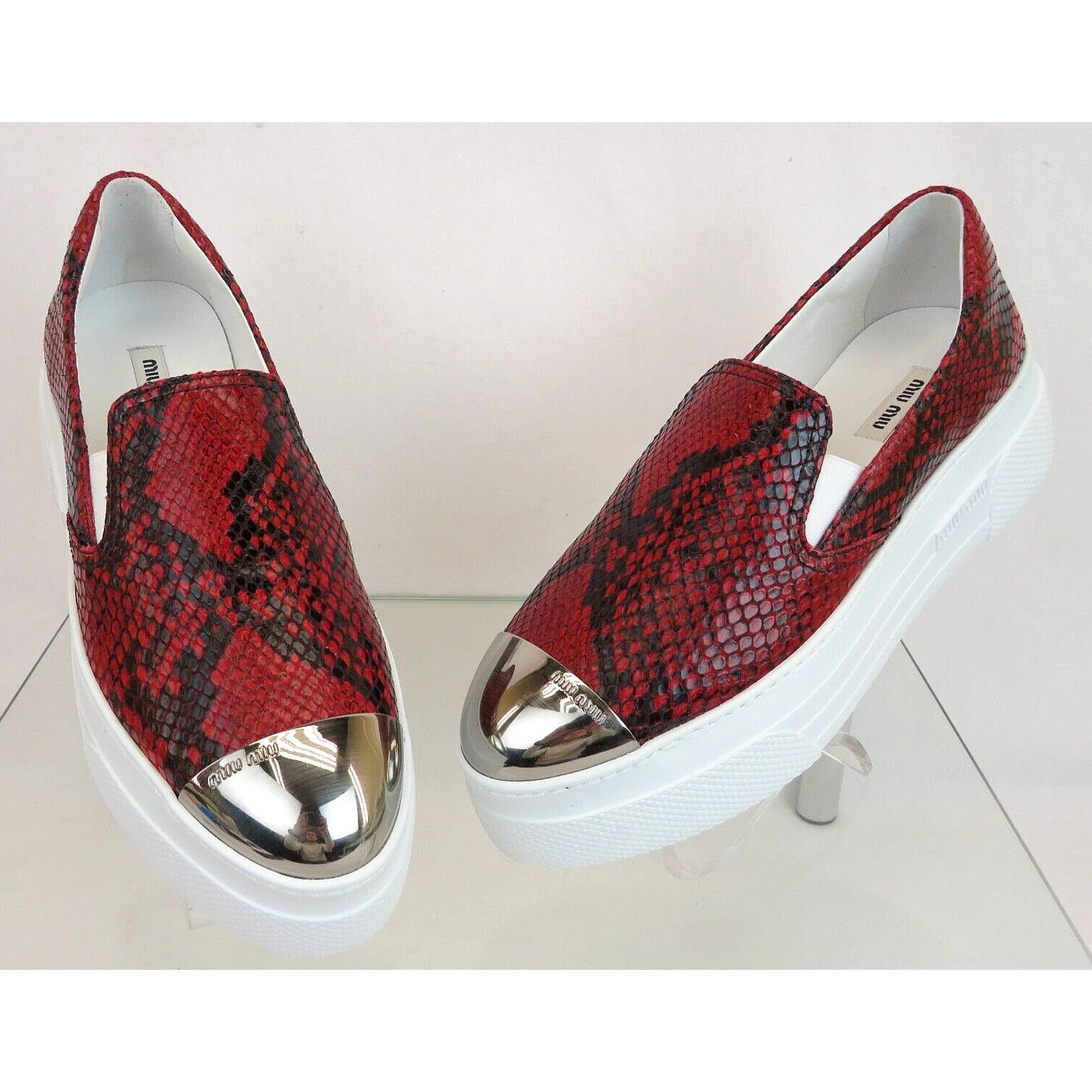 image of Miu Miu 5S905C Snake Leather Logo Metal Cap Toe Platform Loafers 38 in Red, Women's