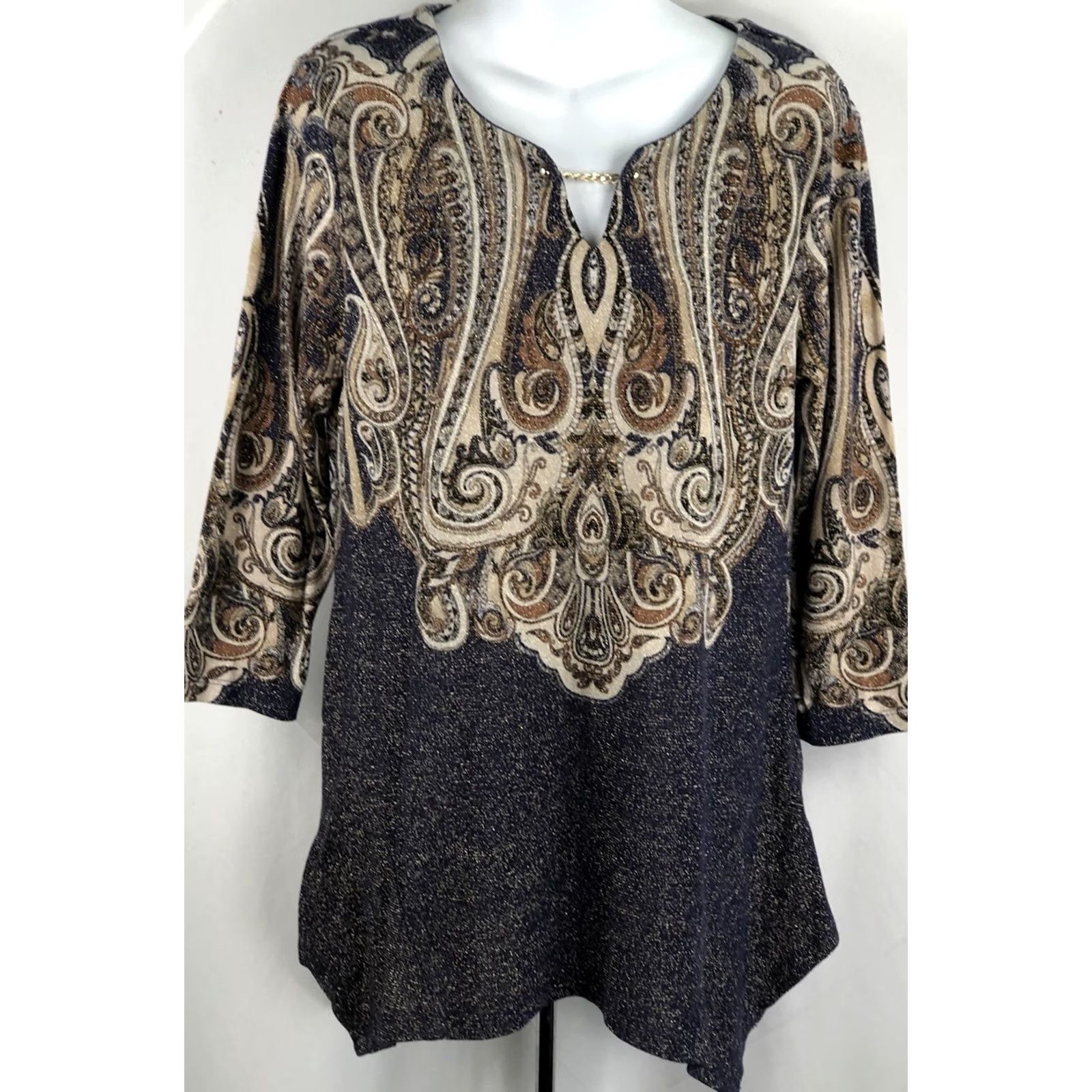 JM Collection JM Collection Tunic Top M Blue/Gold Glitter Geo Chain Accent Keyhole Boho Women Size M / US 6-8 / IT 42-44 - 5 Thumbnail