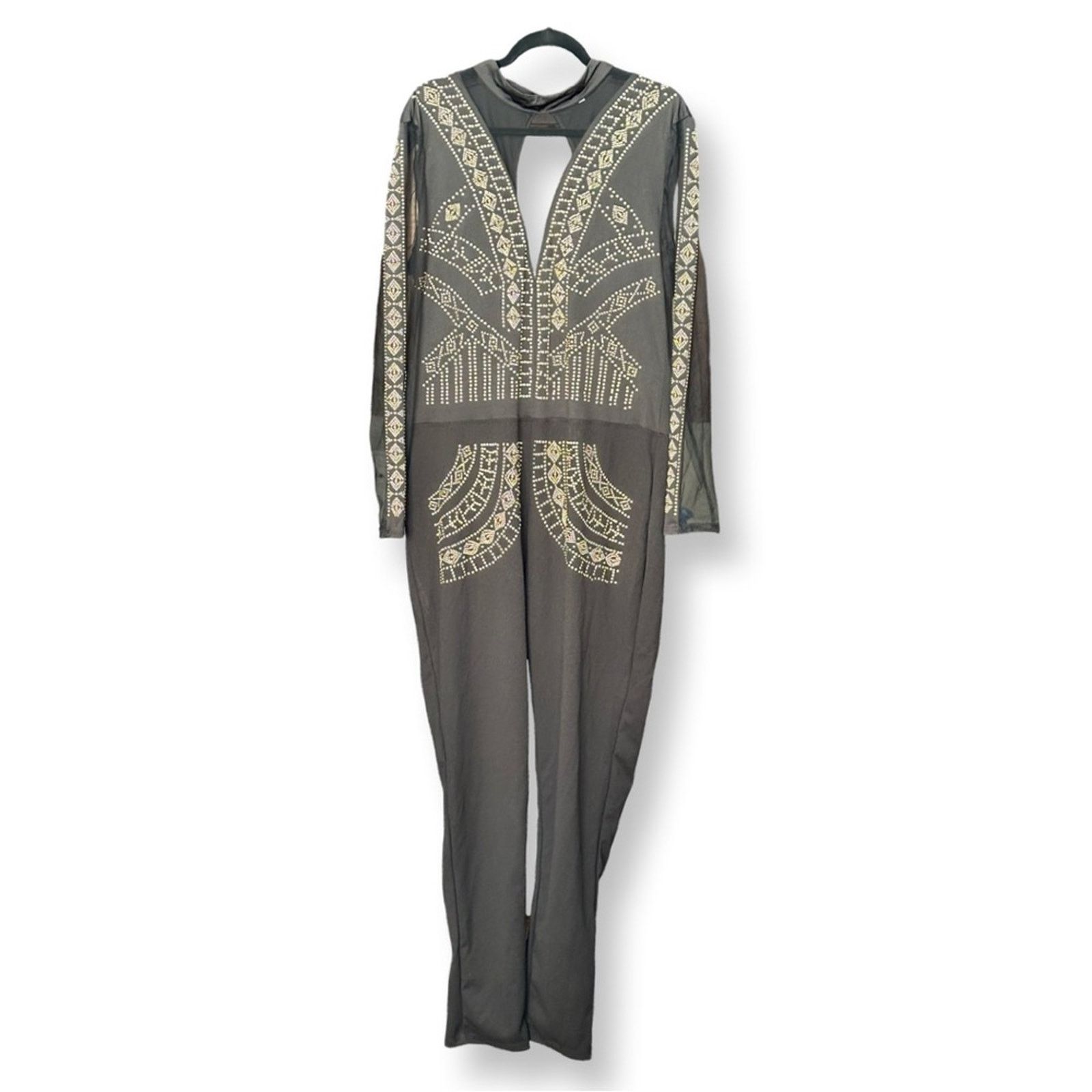 Loveless NWT Love Nation Black Gold Studded Sheer Sleeved Bodysuit Size 42" / US 20 - 2 Thumbnail