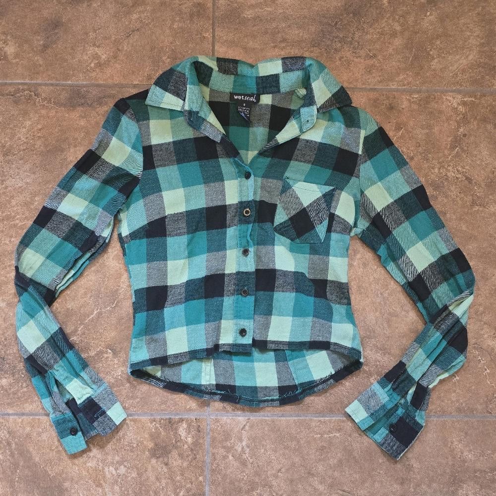 Designer Green Plaid Cropped WS Button Down Flannel Size S / US 4 / IT 40 - 1 Thumbnail