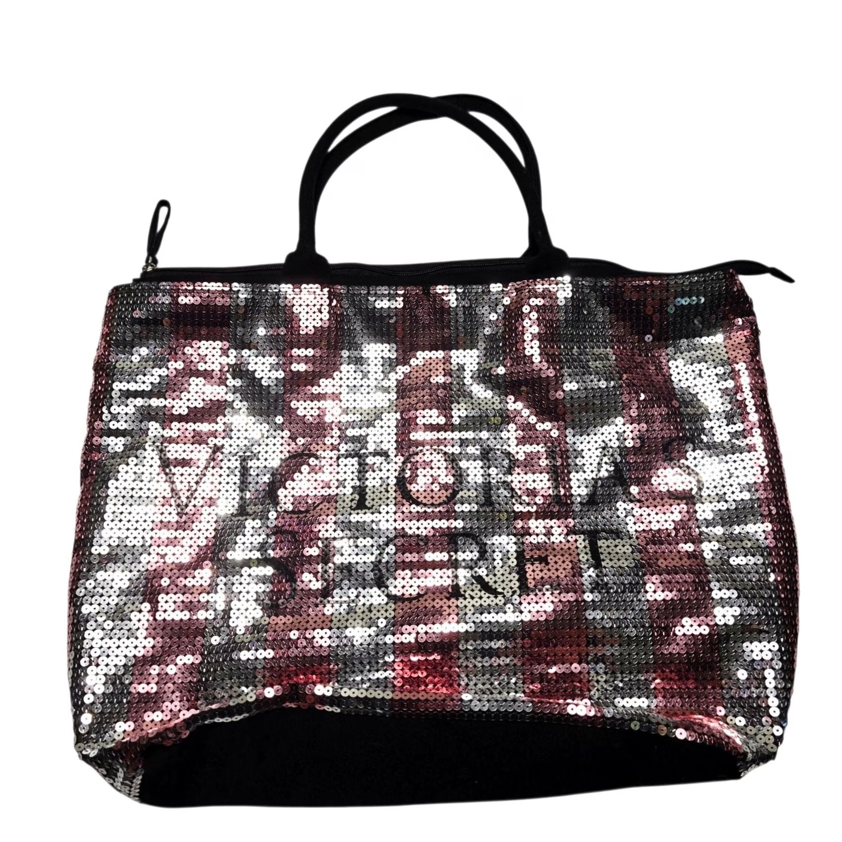 Victoria's Secret Victoria's Secret Tote Large Zip Shoulder Bag Sequin Striped Pink Weekender Bag Beach Classic Love Womens Size ONE SIZE - 2 Thumbnail