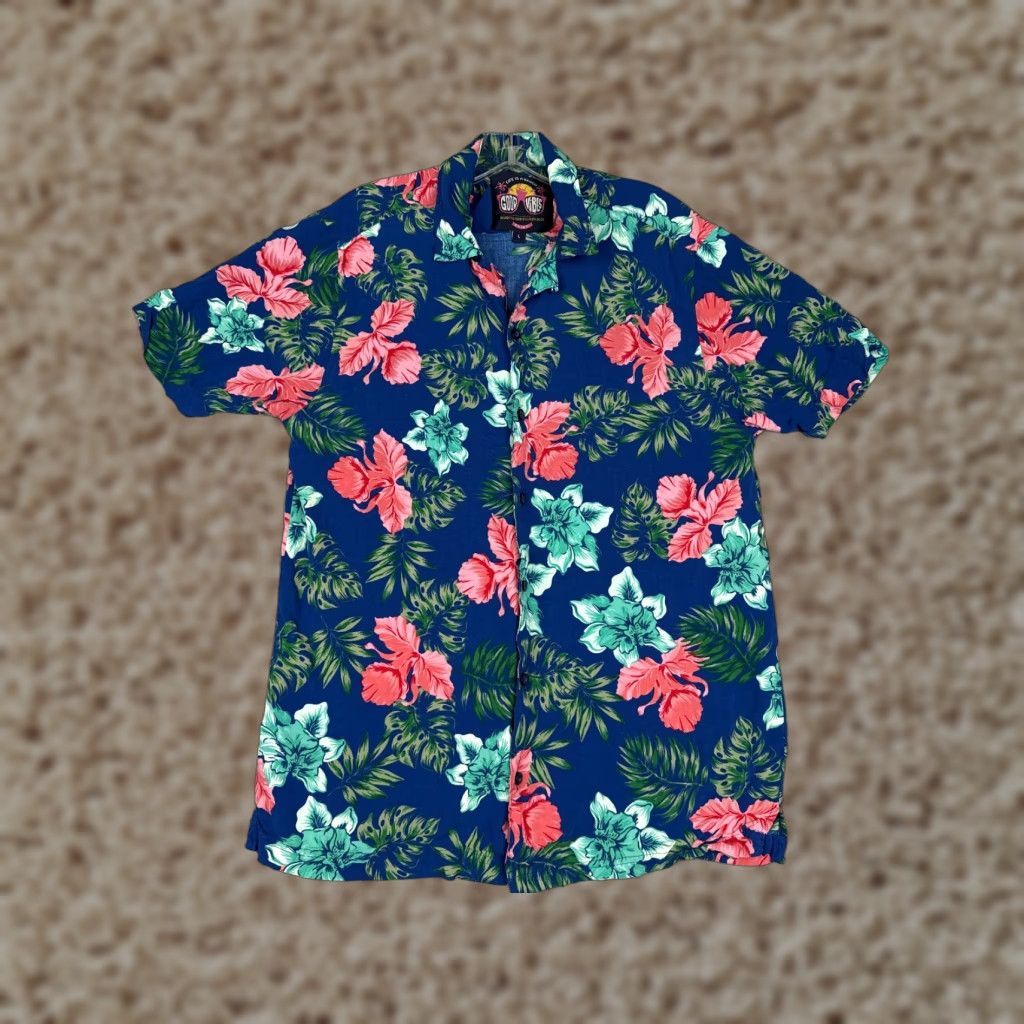Vintage Good Vibes Shirt Men Large Blue Pink Green Floral Button Up Hawaiian Rayon Size US L / EU 52-54 / 3 - 1 Thumbnail
