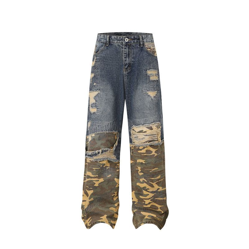 Jean Camouflage Patchwork Hole Bottom Jeans Size US 35 - 1 Thumbnail