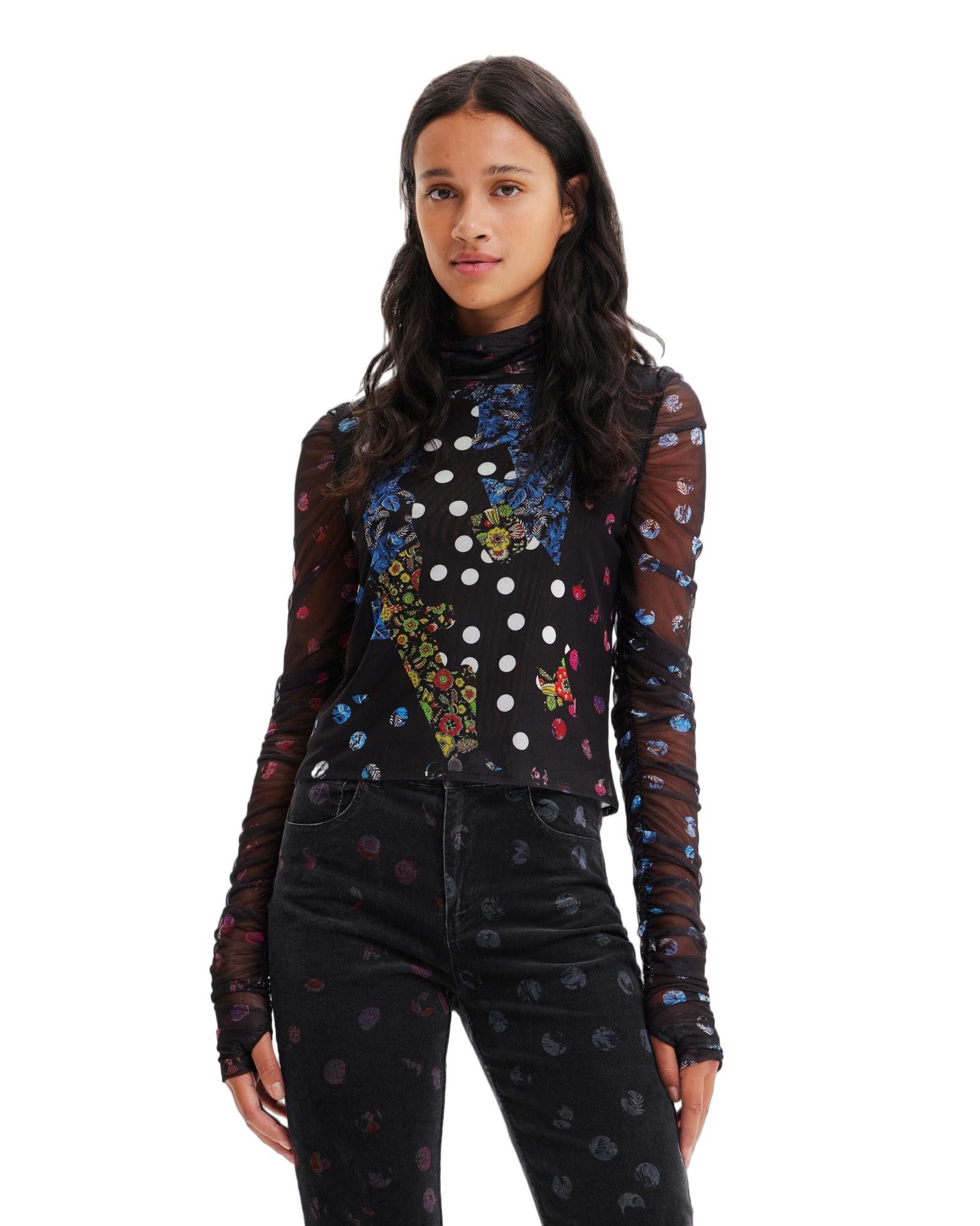 image of Desigual Printed Turtleneck Long Sleeve T-Shirt in Black, Women's (Size XS)