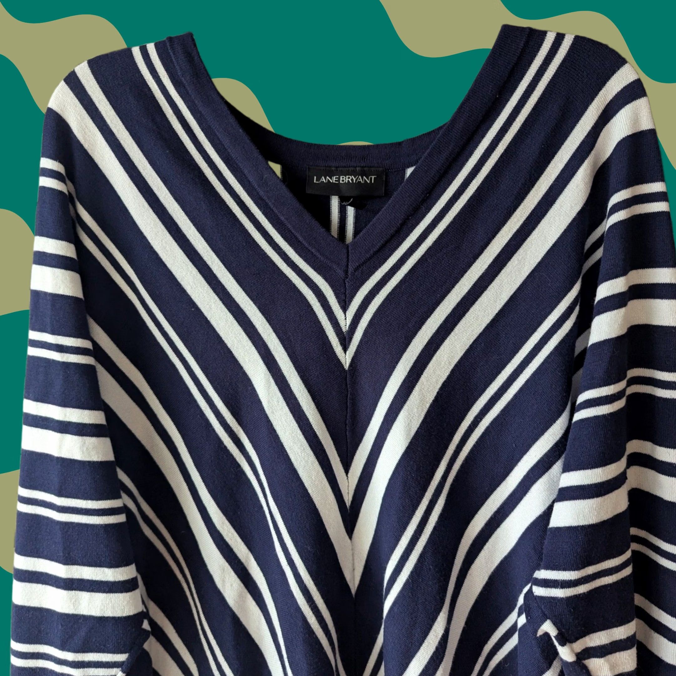Vintage Lane Bryant Navy Blue White Chevron Striped V-Neck Sweater 3/4 Sleeve Sz 22/24 Womens Plus Size Knit Pullover Lightweight All Seasons Casual Workwear Size 3XL / US 20-22 - 1 Thumbnail