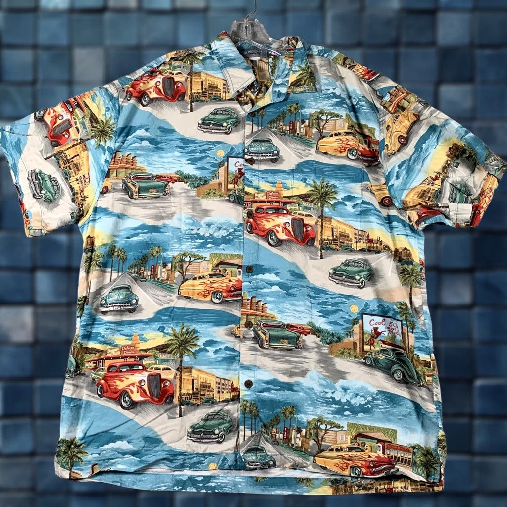 Vintage High Seas Trading Co Hawaiian Aloha Shirt Mens XL Blue Retro Hot Rod Cars Size US XL / EU 56 / 4 - 1 Thumbnail