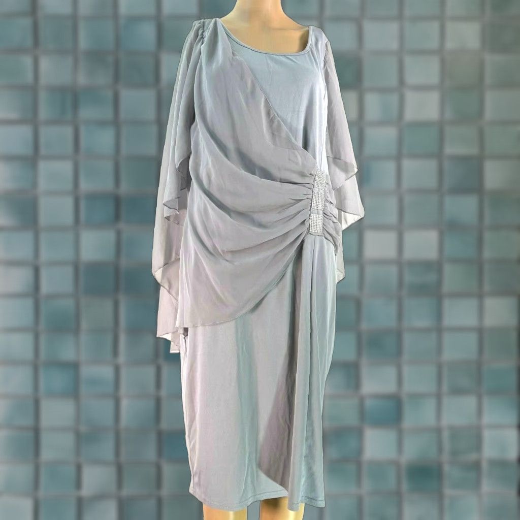 Vintage Unbranded Dress Womens XL Gray Chiffon Bodycon Midi Rhinestone Ruffled Waist Long Sleeve Size XL / US 12-14 / IT 48-50 - 1 Thumbnail