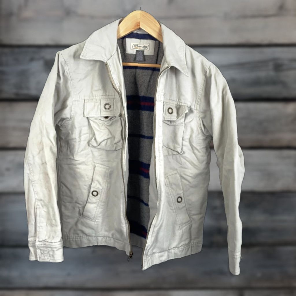 Vintage VINTAGE Urban Pipeline Jacket Canvas Blanket Lined Bomber Coat Short Zip Wool Lining Men Small Beige 90s Hipster Workwear Mens Size US S / EU 44-46 / 1 - 1 Thumbnail