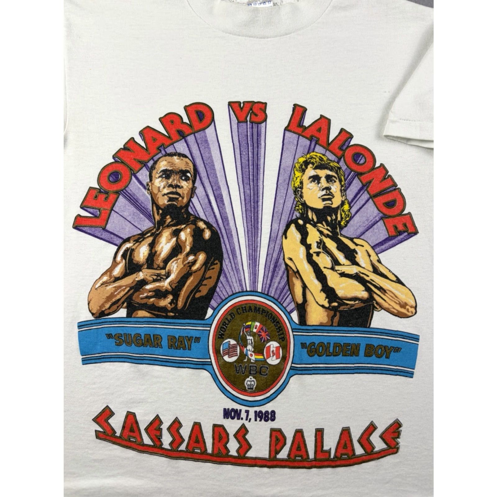 Sugar VINTAGE Boxing Shirt Mens Small White Golden Boy Lalonde WBC Sugar Ray Leonard 1990s Graphic Tee Sportswear/Beach Men S Size US S / EU 44-46 / 1 - 2 Thumbnail