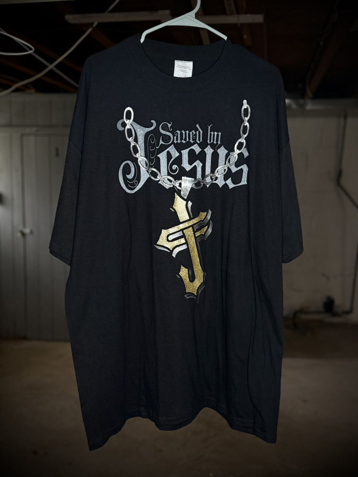 Vintage Y2K Saved by Jesus Religious Cross Chain T-Shirt