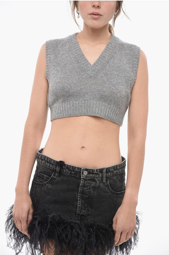 image of Prada Cashmere Crop Vest With V Neck in Grey, Women's (Size Medium)