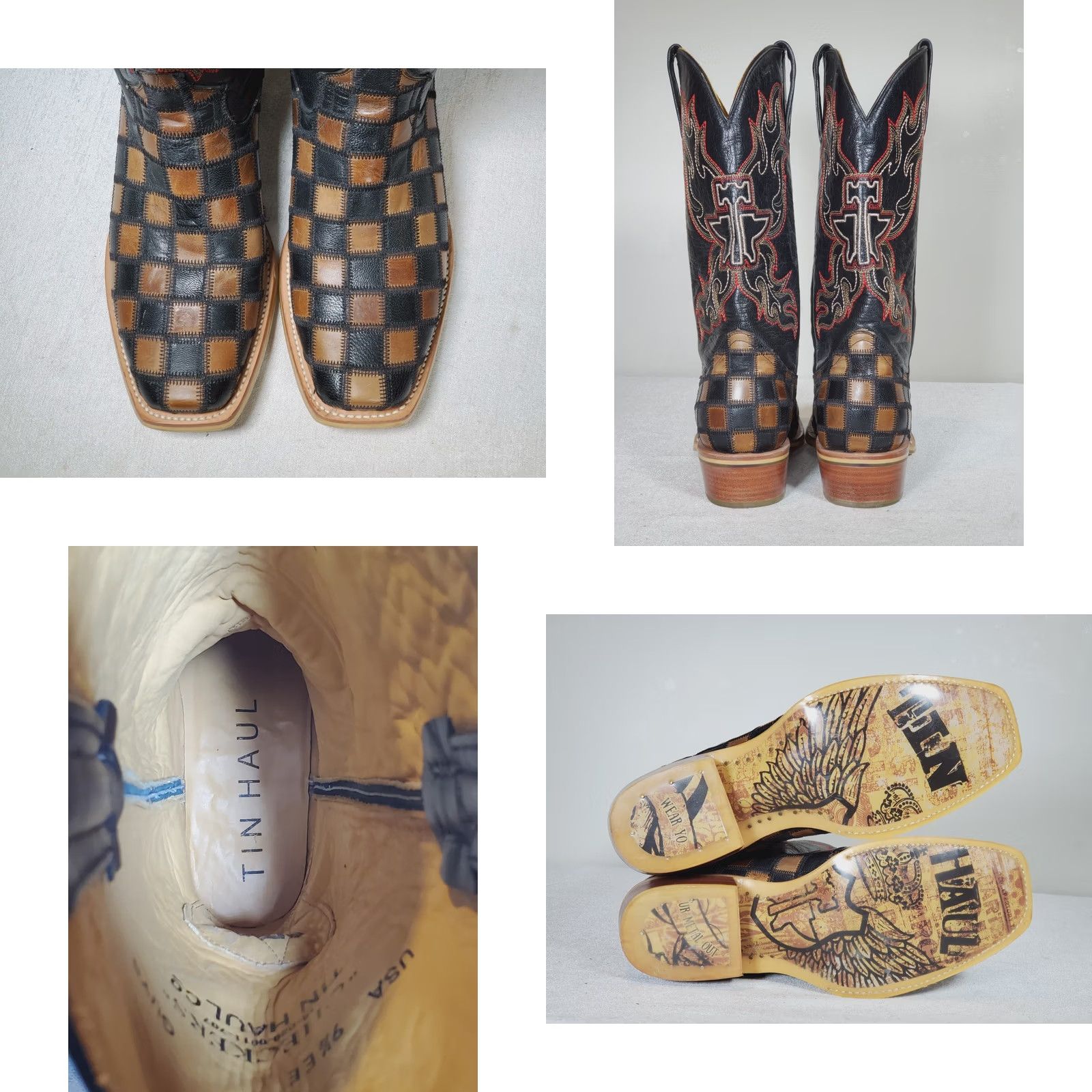 Vintage Tin Haul Co. Western Boots Square Toe Men’s US 9 EE Black and Brown Coat Arms Sole Boot Size US M / EU 48-50 / 2 - 8 Thumbnail
