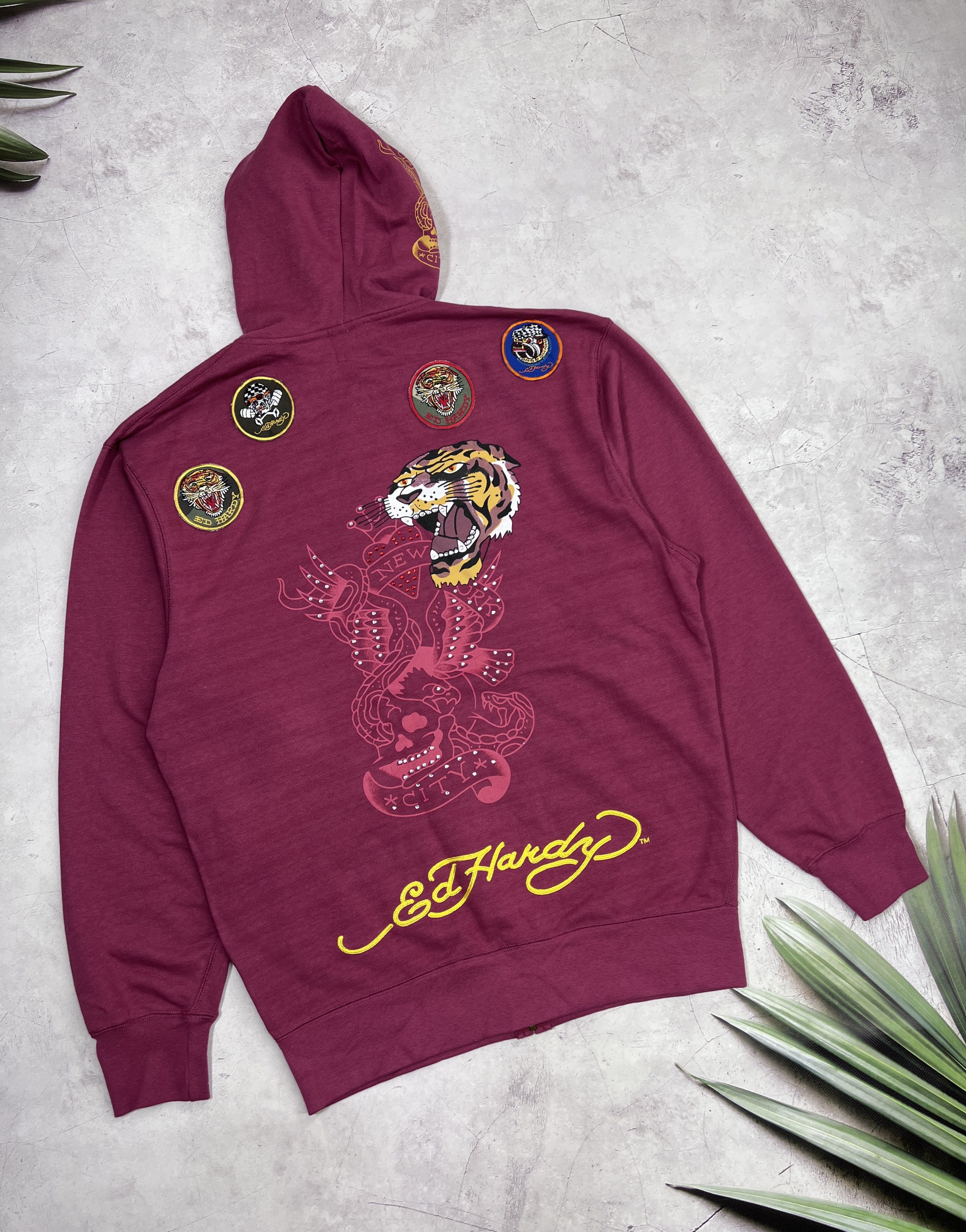 Ed Hardy Vintage Y2K Ed Hardy Fur Embroidered Zip Up Hoodie Red L
