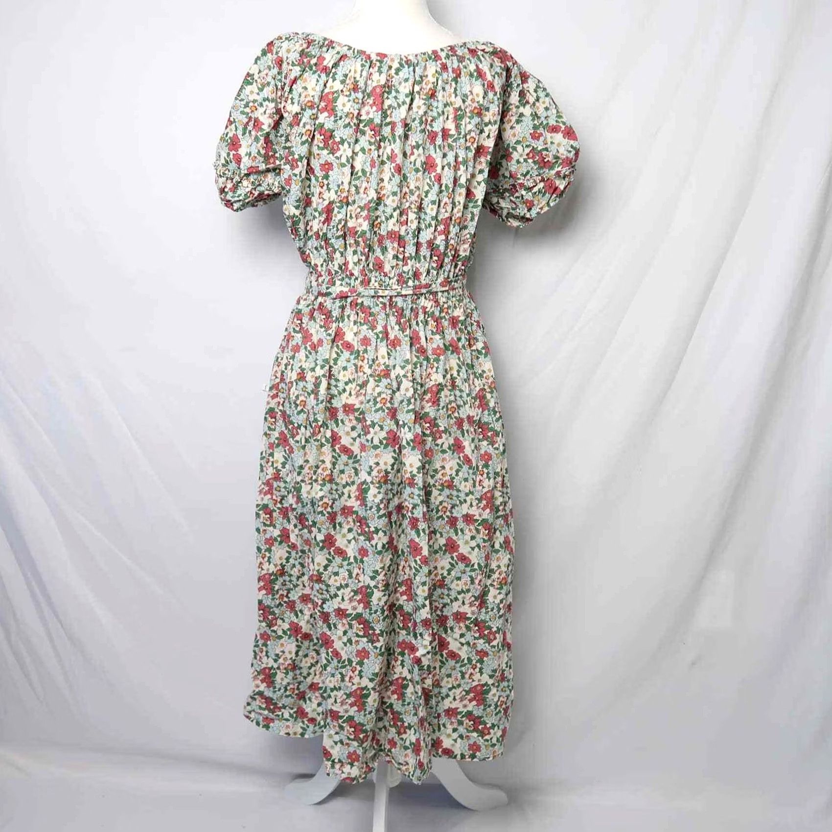 Vintage Fabrik Cream Green Pink Floral Print Cotton Midi Dress S Women's Casual Sundress Short Sleeve Size S / US 4 / IT 40 - 4 Thumbnail