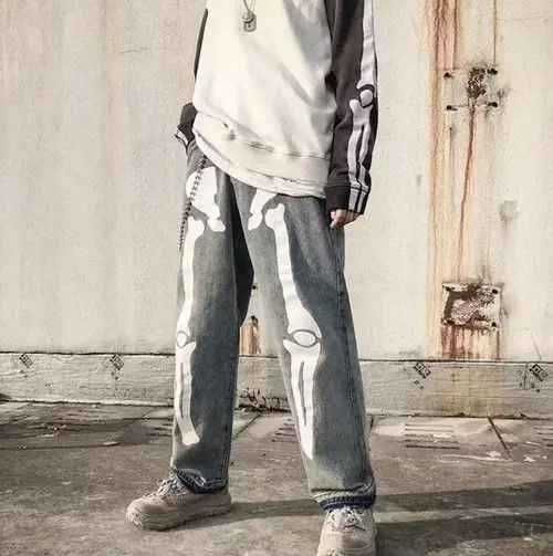 image of Japanese Style Punk Vintage Skeleton Jeans in Grey, Men's (Size 32)