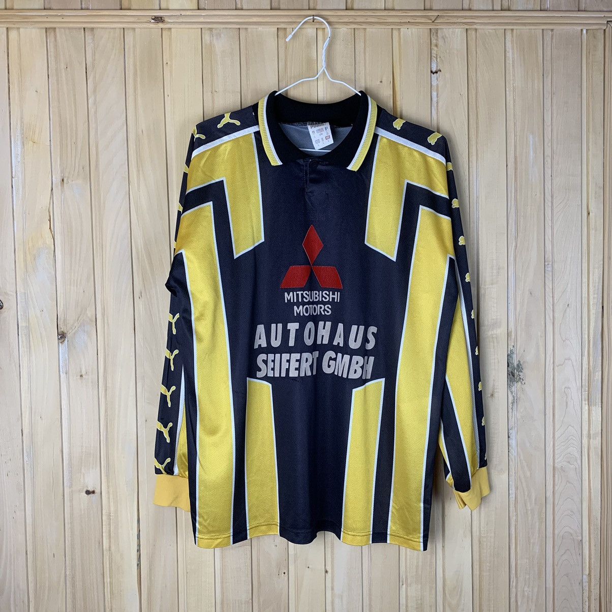 image of Vintage Puma Long Sleeve Jersey Mitsubishi Striped 90's in Black, Men's (Size Large)