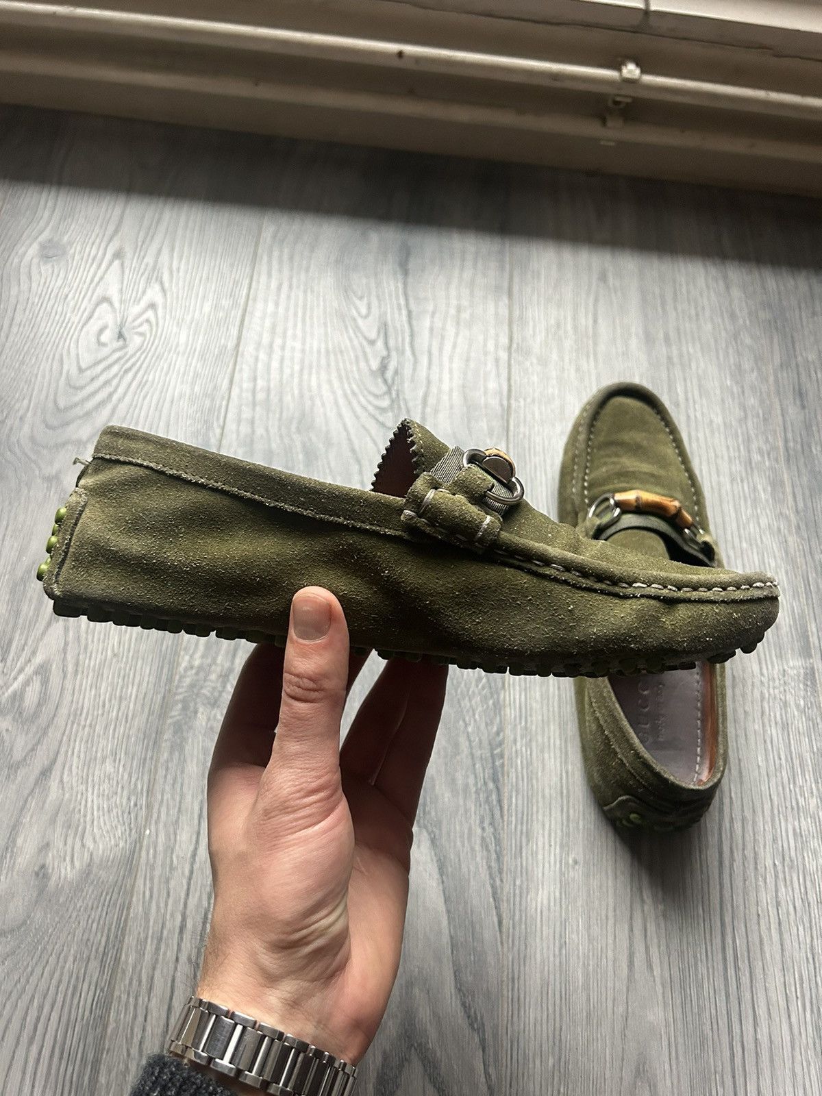 Gucci Gucci Bamboo Bit Green Suede Loafers Size US 7 / EU 40 - 9 Thumbnail