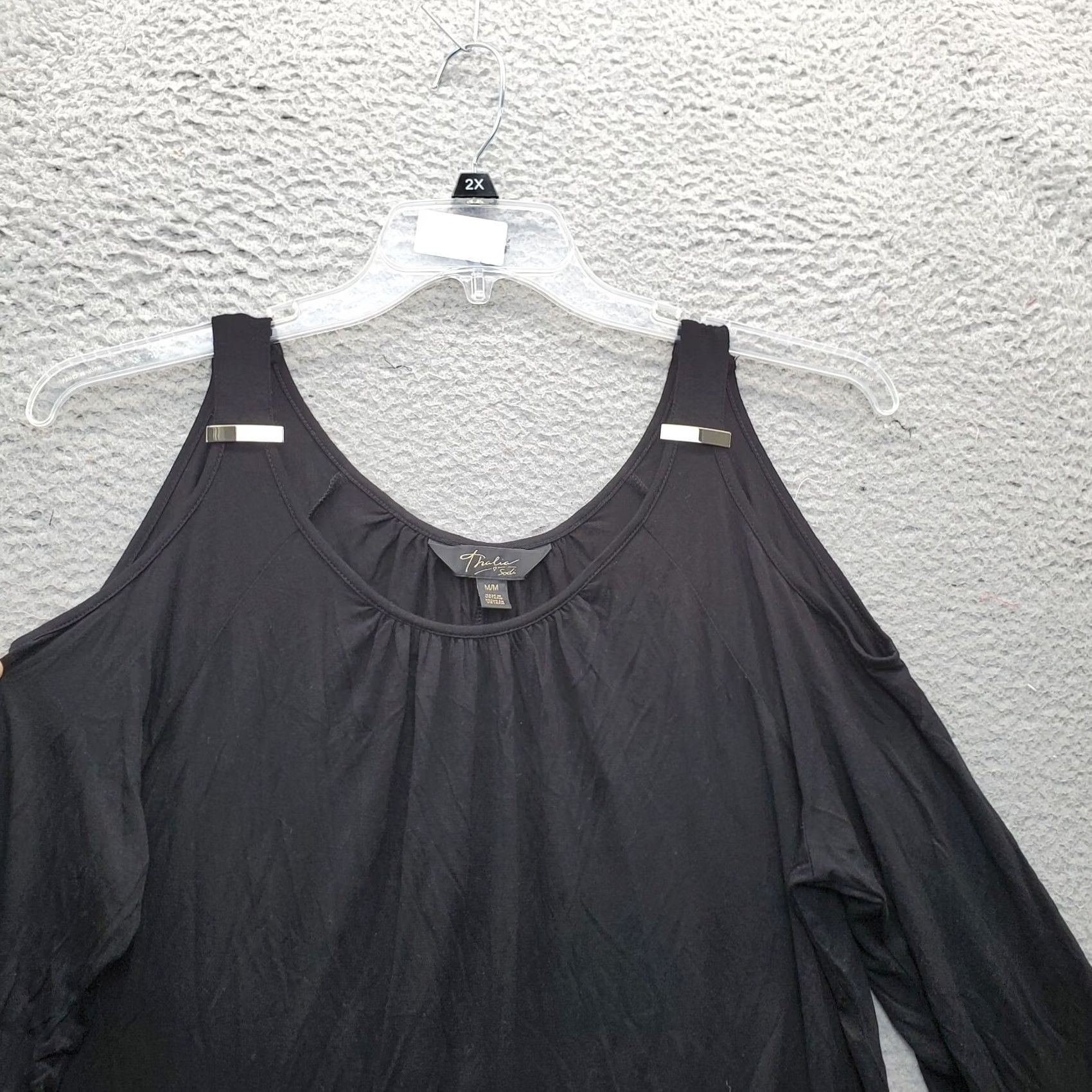 Vintage Thalia Sodi Blouse Top Womens M Black Rayon Stretch Cold Shoulder Sleeve - Shirt Woman Size M Black, Narrow Collarless Pullover Casual Long Sleeve Size M / US 6-8 / IT 42-44 - 4 Thumbnail